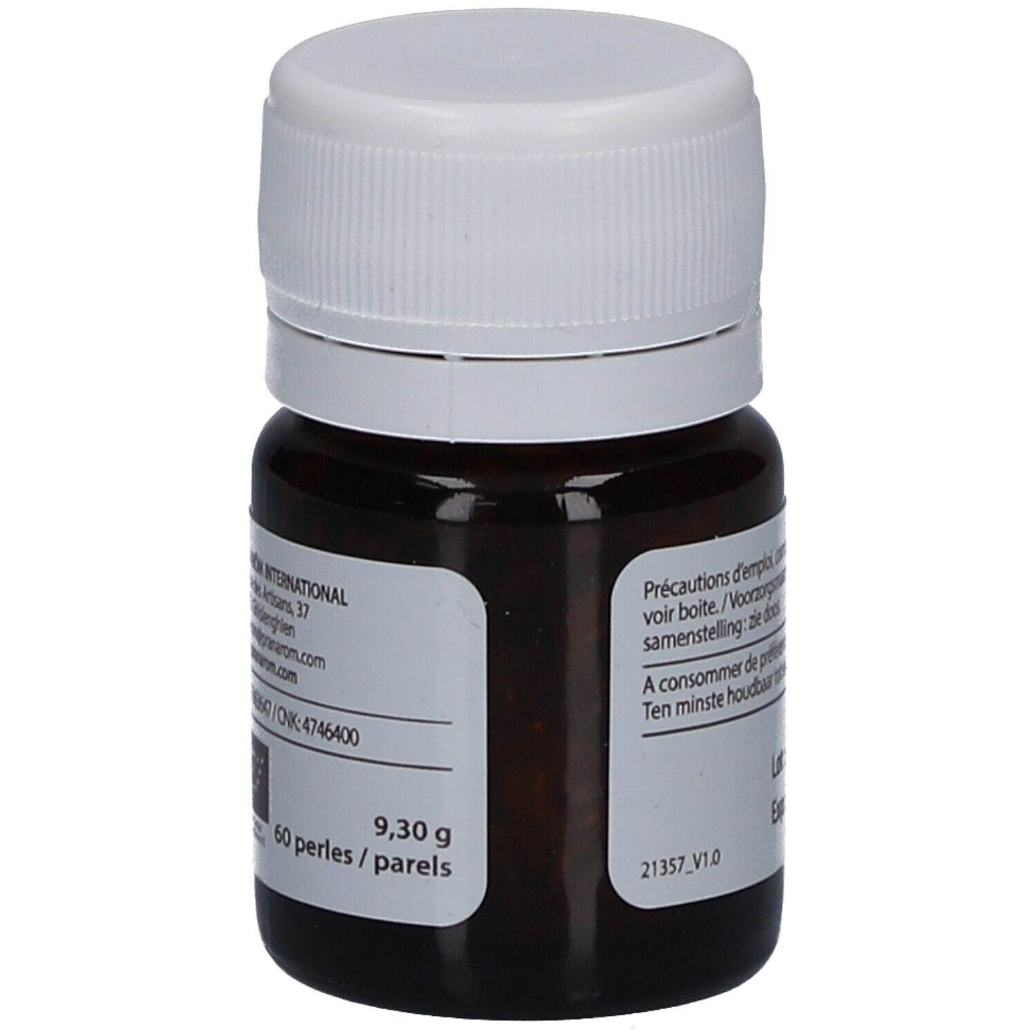 Flacon brun avec bouchon blanc. Étiquette avec texte, 9,30 g et 60 perles.