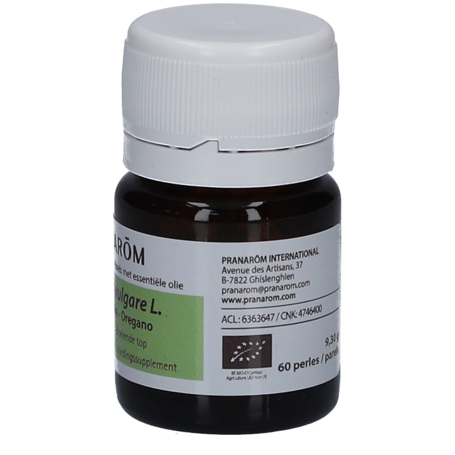 Flacon en verre brun avec bouchon blanc. Étiquette avec informations produit et label BIO. Contient 60 perles.