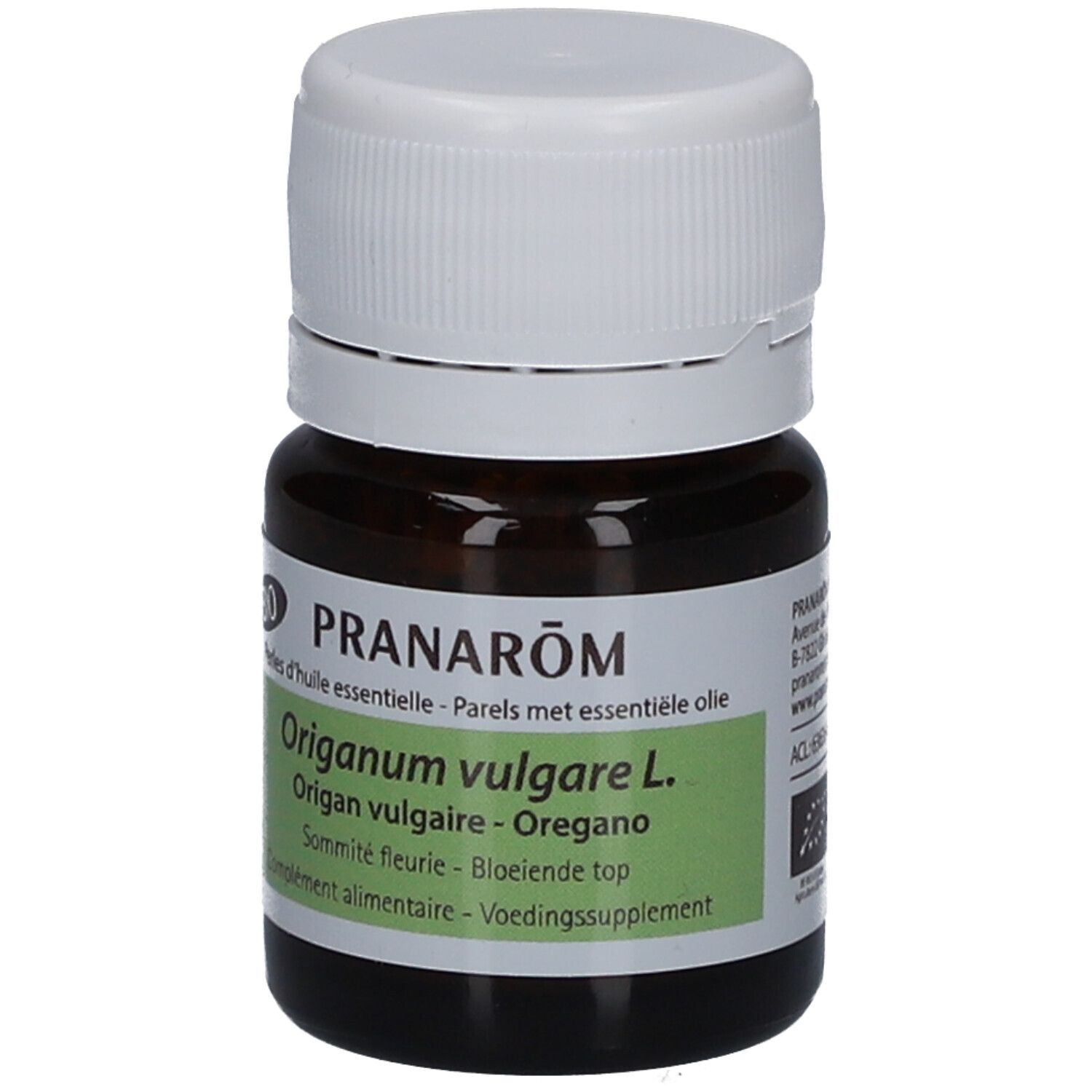 Flacon brun avec bouchon blanc. Étiquette avec texte: PRANAROM, Origan, logo BIO.