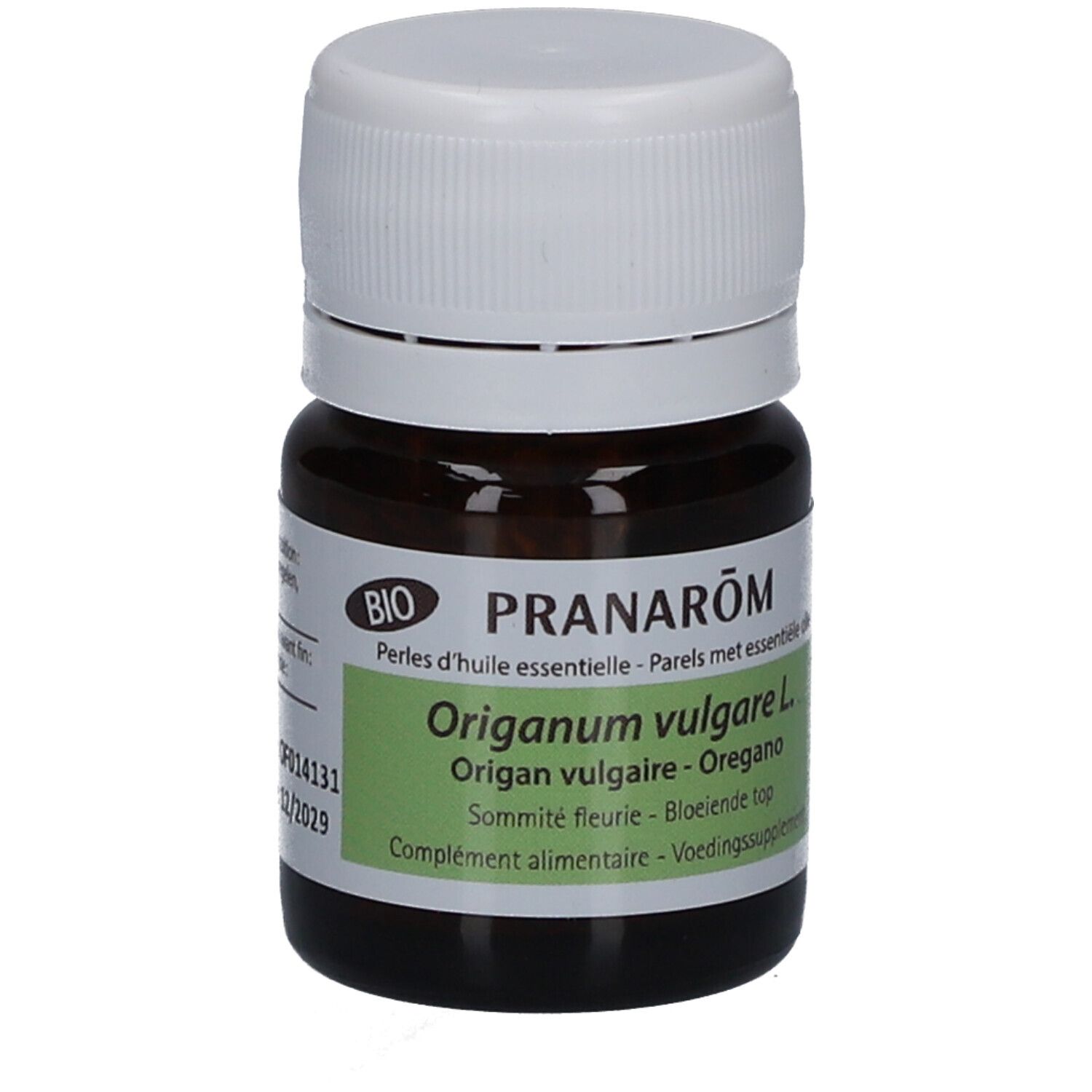 Flacon en verre brun avec bouchon blanc. Étiquette avec informations produit et label BIO. Texte: PRANAROM, Origanum vulgare L.