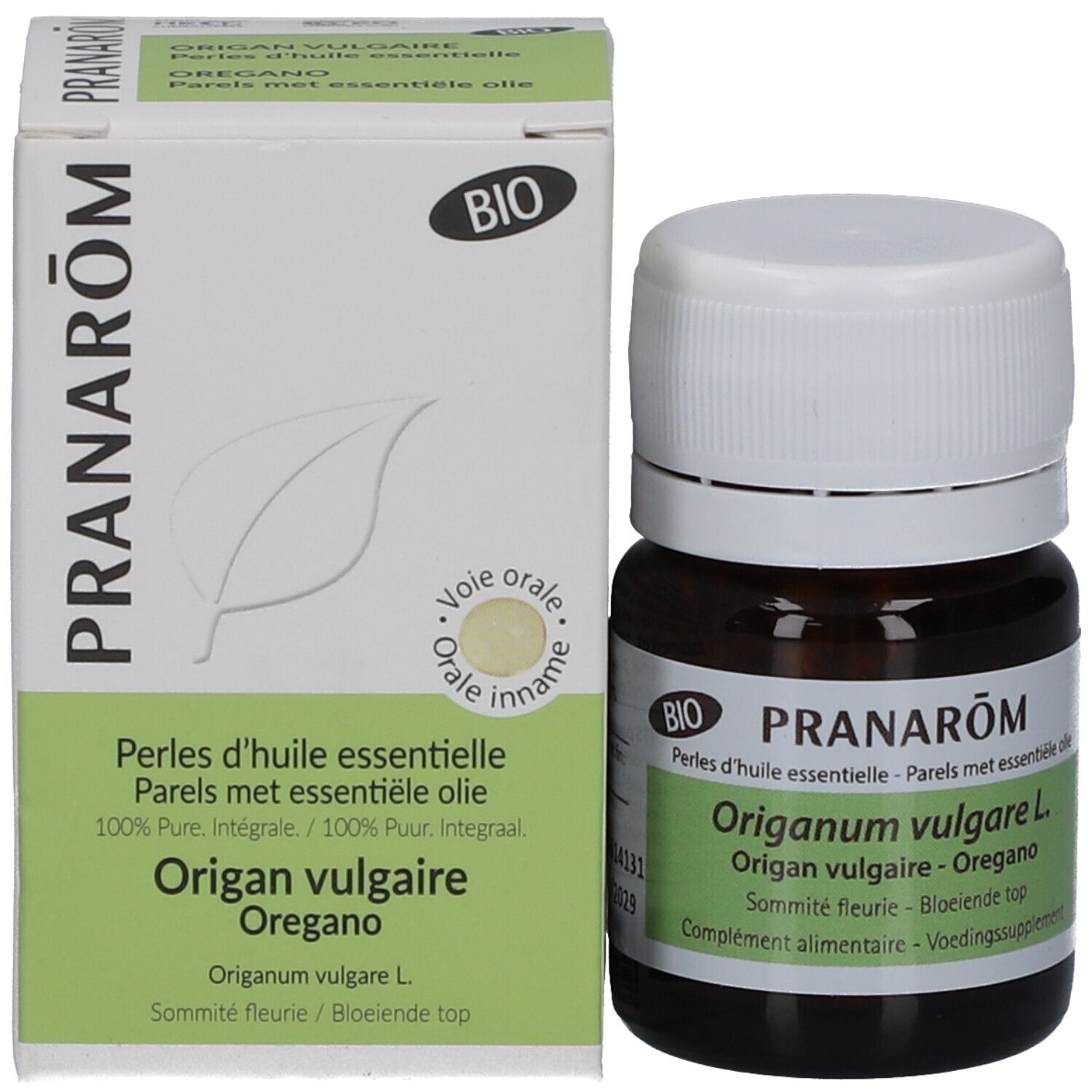 Emballage et flacon. Emballage: blanc avec texte et logo PRANAROM, logo BIO. Flacon: brun, bouchon blanc.