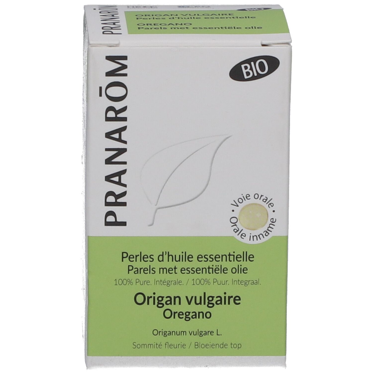 Emballage blanc avec texte, logo PRANAROM, logo BIO. Illustration d'une capsule.