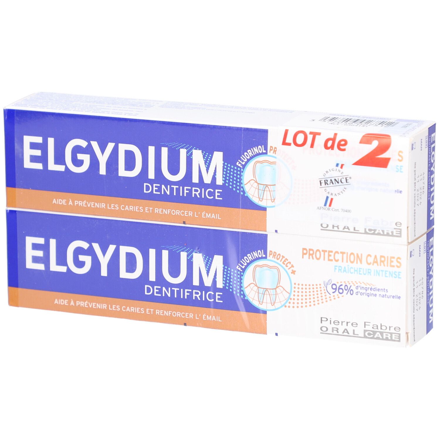 Deux boîtes de dentifrice ELGYDIUM. Emballage bleu et orange. Texte: "Aide à prévenir les caries et renforcer l'émail".