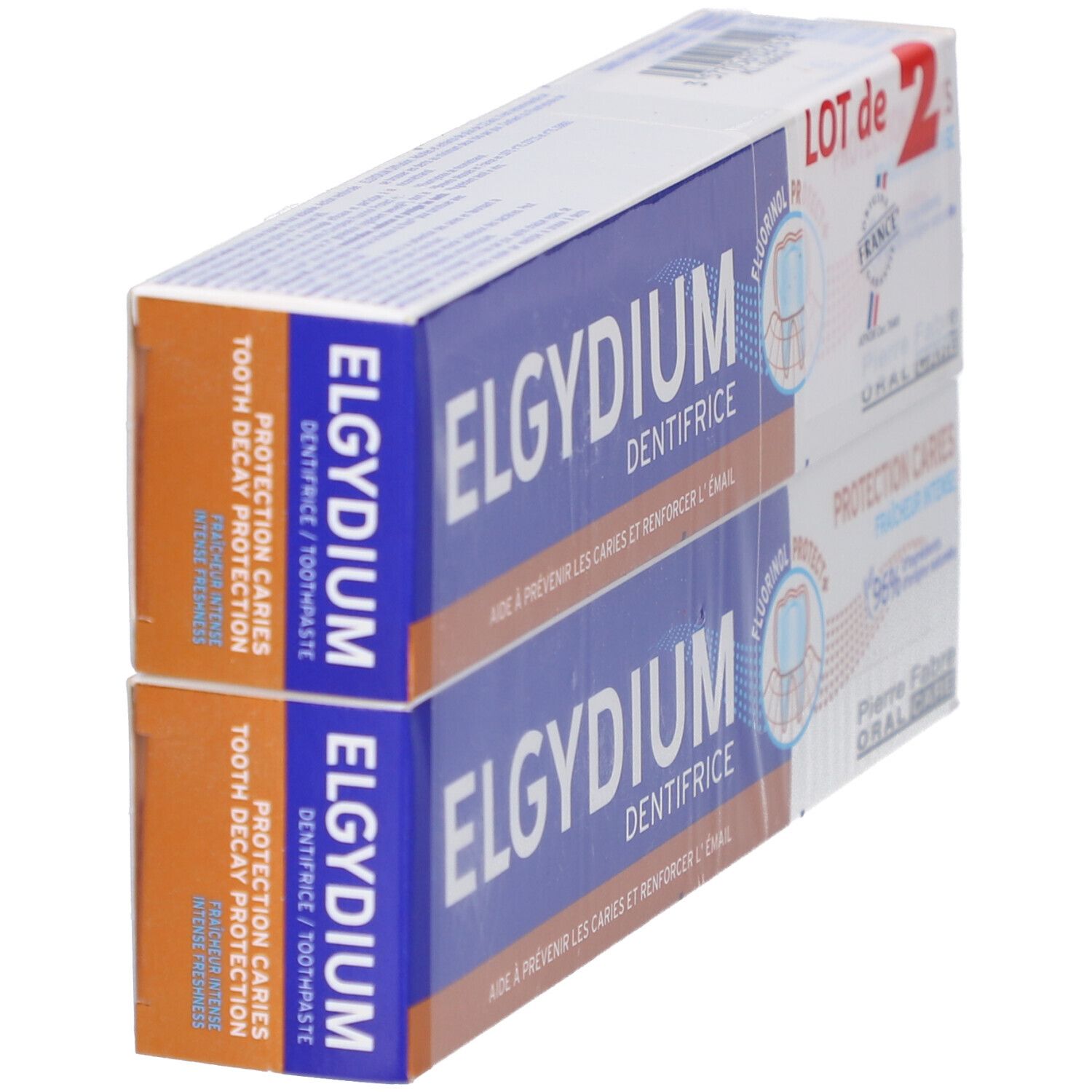 Deux boîtes de dentifrice ELGYDIUM en biais. Emballage bleu et orange. Texte: "Protection Caries".