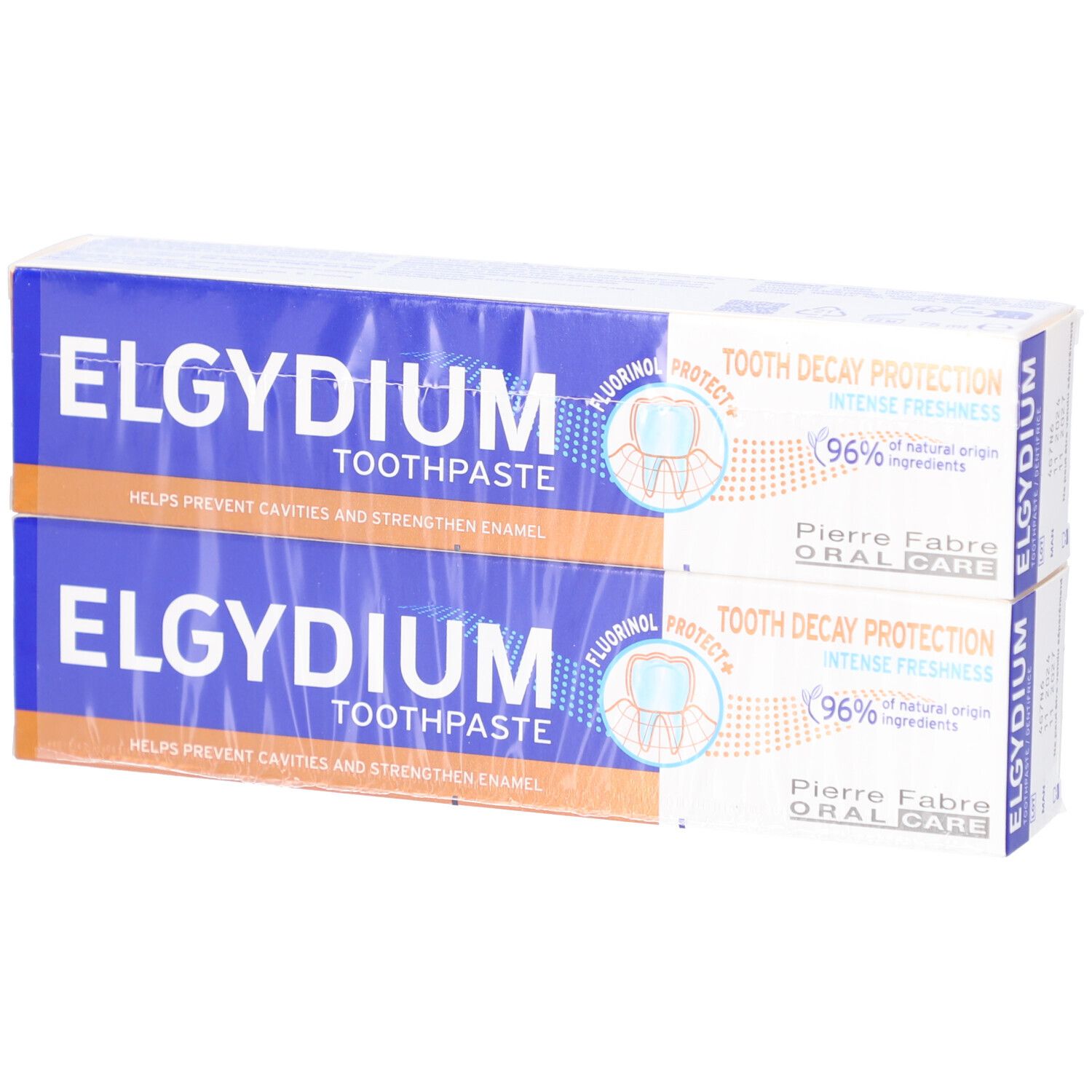 Deux boîtes de dentifrice ELGYDIUM. Emballage bleu et blanc. Texte: "Tooth Decay Protection". Contient 96% d'ingrédients d'origine naturelle.