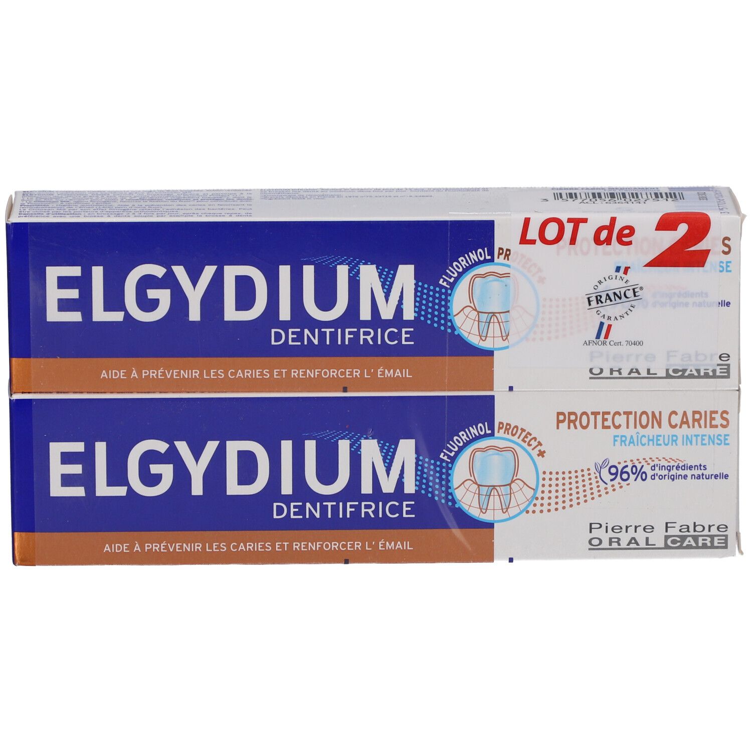 Deux boîtes de dentifrice ELGYDIUM. Emballage bleu et blanc. Texte: "LOT de 2". Contient 96% d'ingrédients d'origine naturelle.