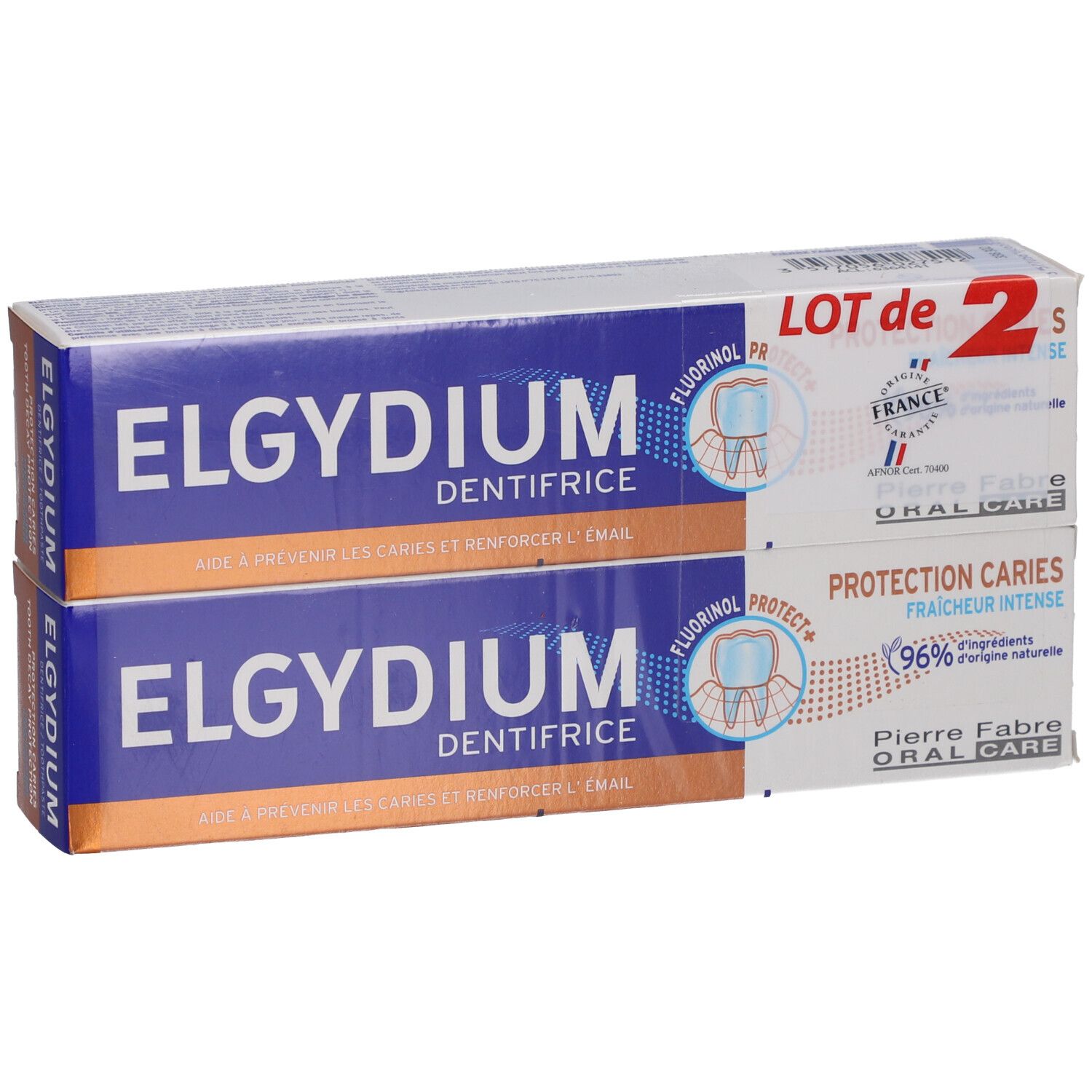 Deux boîtes de dentifrice ELGYDIUM. Emballage bleu et blanc. Texte: "LOT de 2".