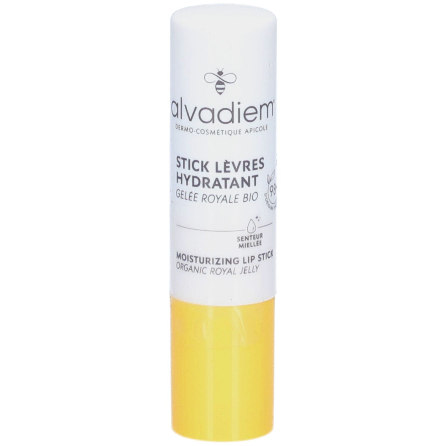 Stick lèvres hydratant blanc et jaune. Inscription: ALVADIEM, STICK LÈVRES HYDRATANT, Gelee Royale Bio. Parfum miel. 98% naturel.