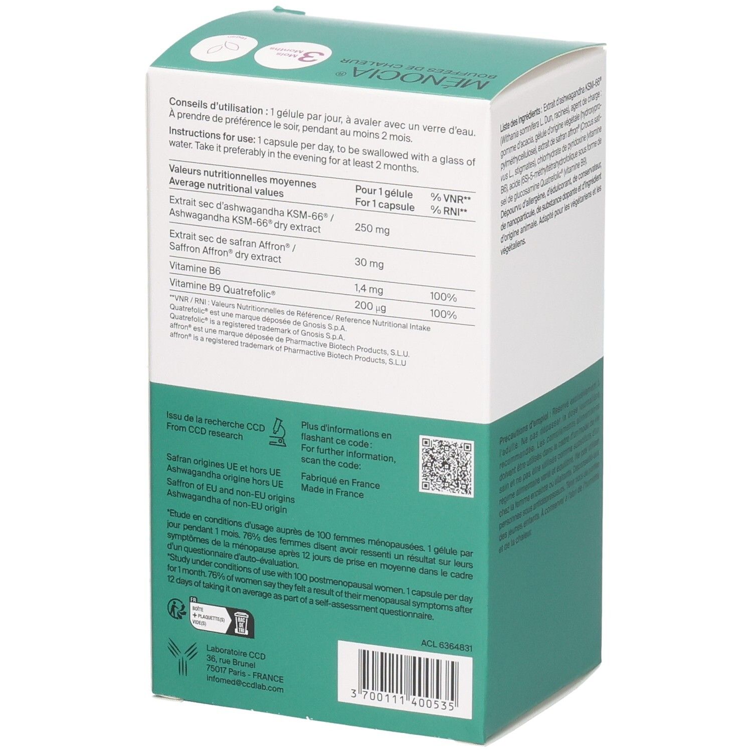 Vue latérale de la boîte MENOCIA Bouffées de Chaleur, informations nutritionnelles.