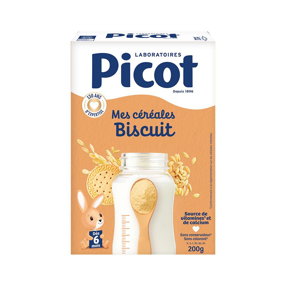 Boîte de Picot Mes céréales Biscuit. Contient céréales, biscuit et lait en poudre. Pour bébés dès 6 mois.