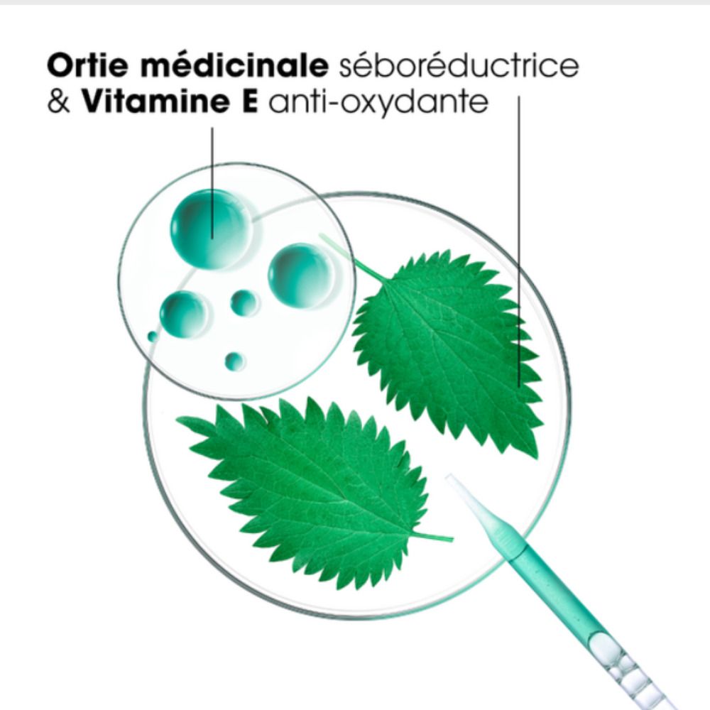 Feuilles d'ortie et liquide dans une boîte de Pétri. Texte: Ortie médicinale séboréductrice & Vitamine E anti-oxydante.
