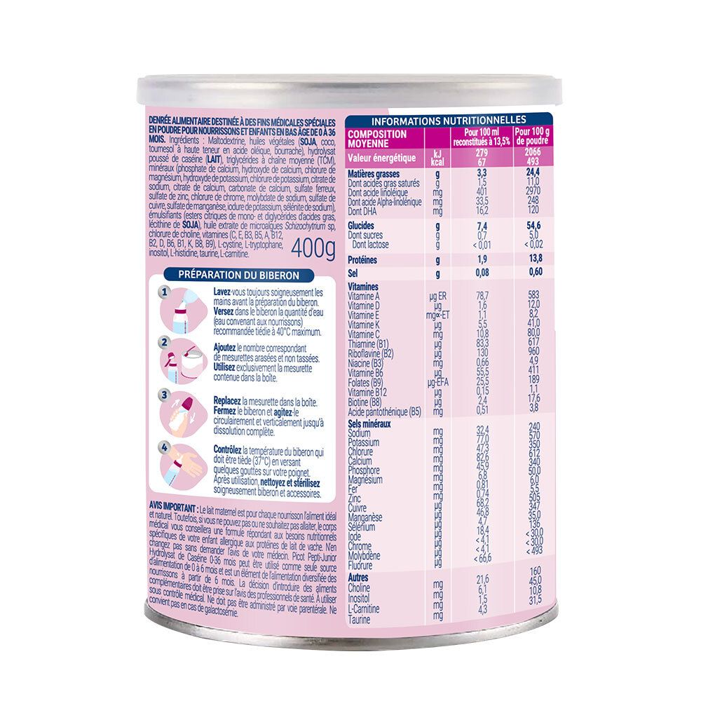 Dos de la boîte Picot Pepti-Junior. Contient informations nutritionnelles, préparation et ingrédients.