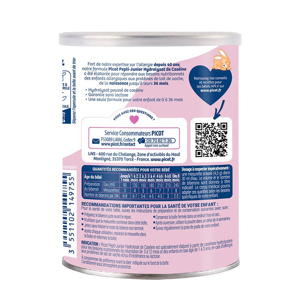 Dos de la boîte Picot Pepti-Junior. Contient informations, QR code et coordonnées.