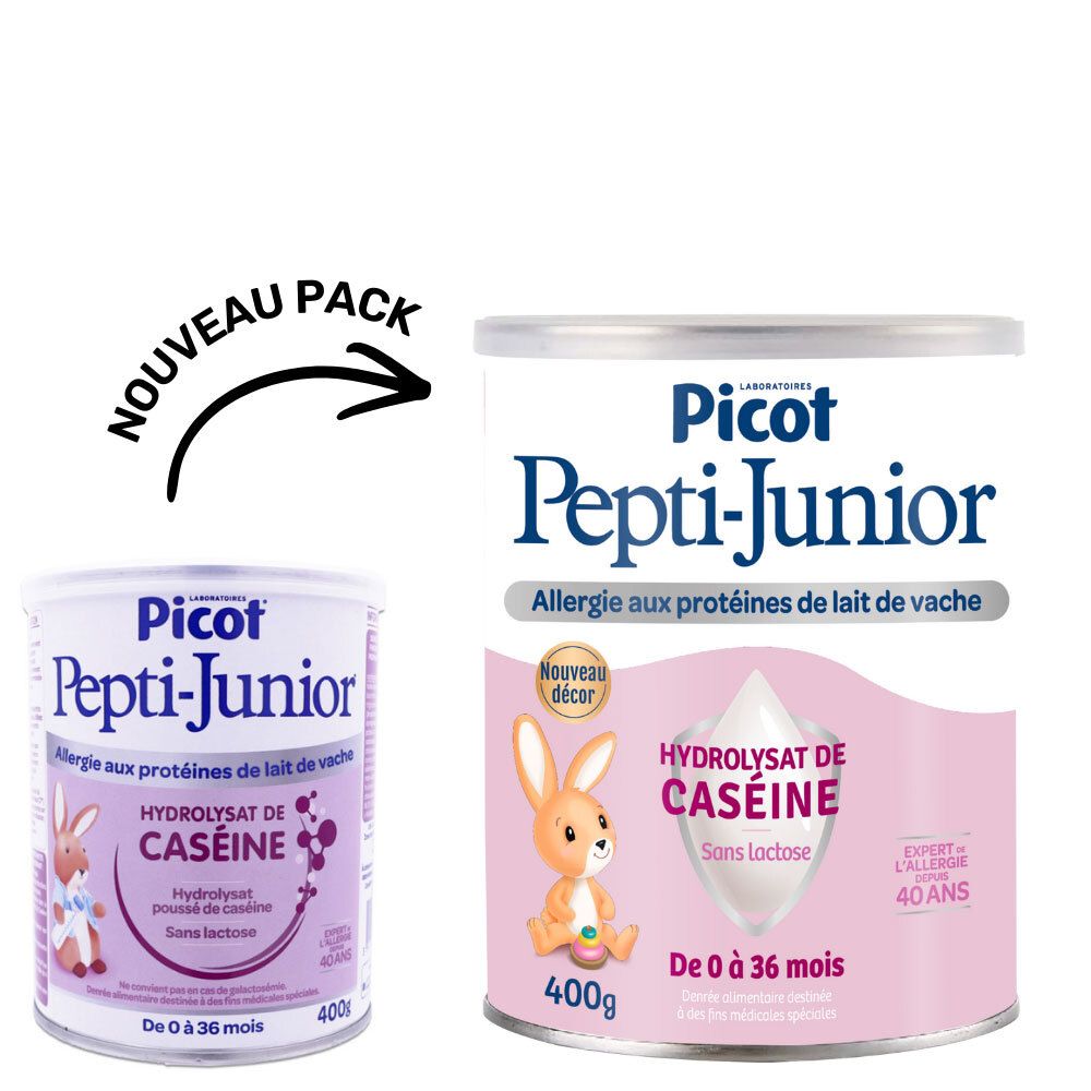 Deux boîtes Picot Pepti-Junior. Une petite et une grande côte à côte. Nouveau design d'emballage.