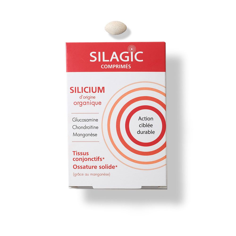 Boîte SILAGIC SILICIUM avec un comprimé. Contient Glucosamine, Chondroïtine, Manganèse.