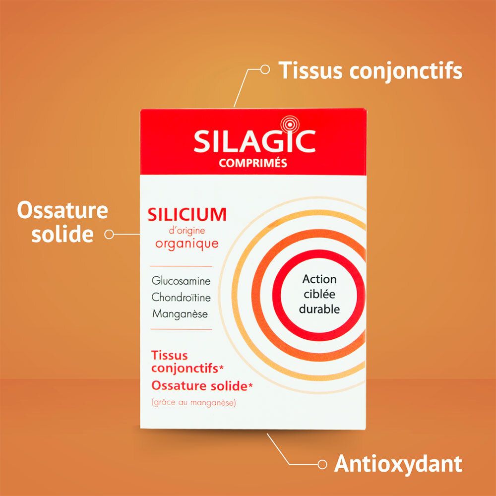 Boîte SILAGIC SILICIUM avec indications sur les tissus conjonctifs, osseux et antioxydant.