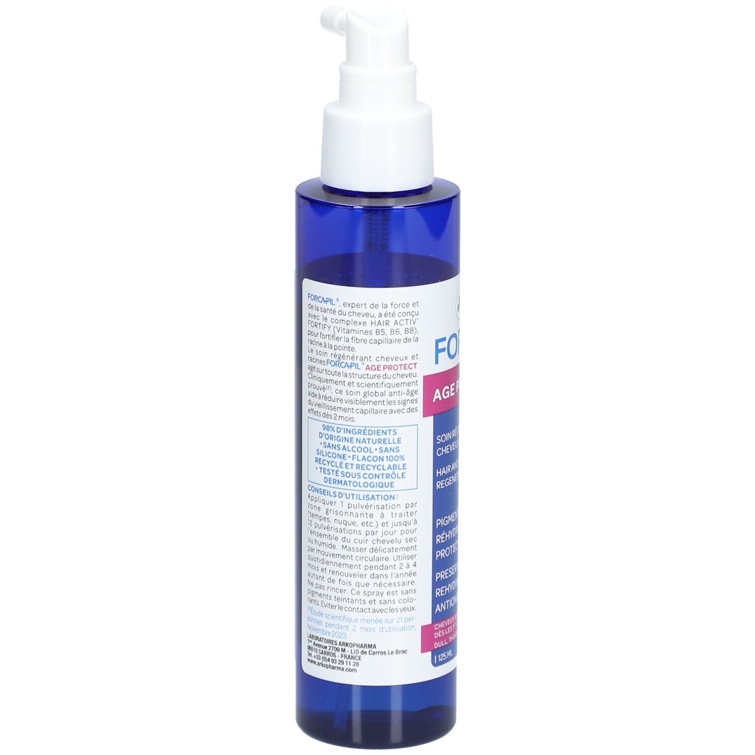 Flacon bleu avec vaporisateur blanc. Dos avec texte. Inscription: Forcapil Age Protect. Texte: soin régénérant cheveux et racines.