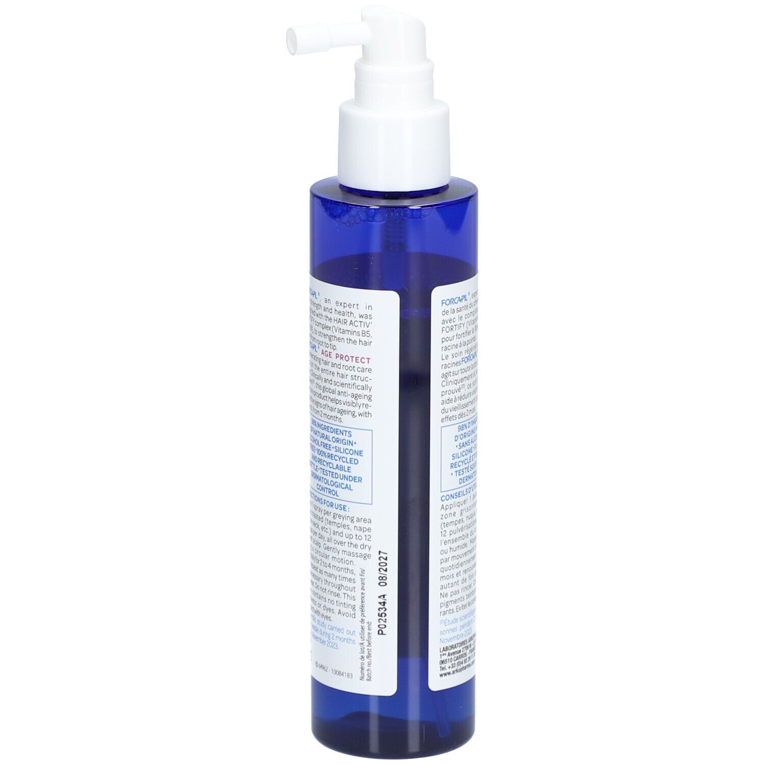 Flacon bleu avec vaporisateur blanc. Dos avec texte. Inscription: Forcapil Age Protect. Texte: soin régénérant cheveux et racines.