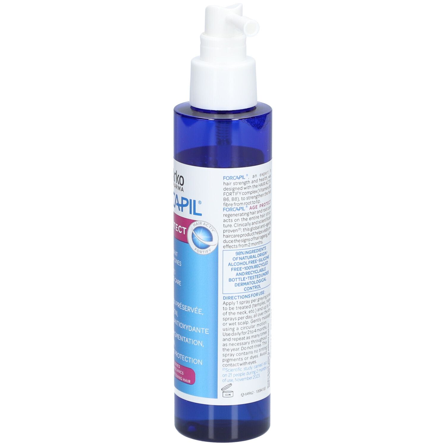Flacon bleu avec vaporisateur blanc. Dos avec texte. Inscription: Forcapil Age Protect. Texte: soin régénérant cheveux et racines.