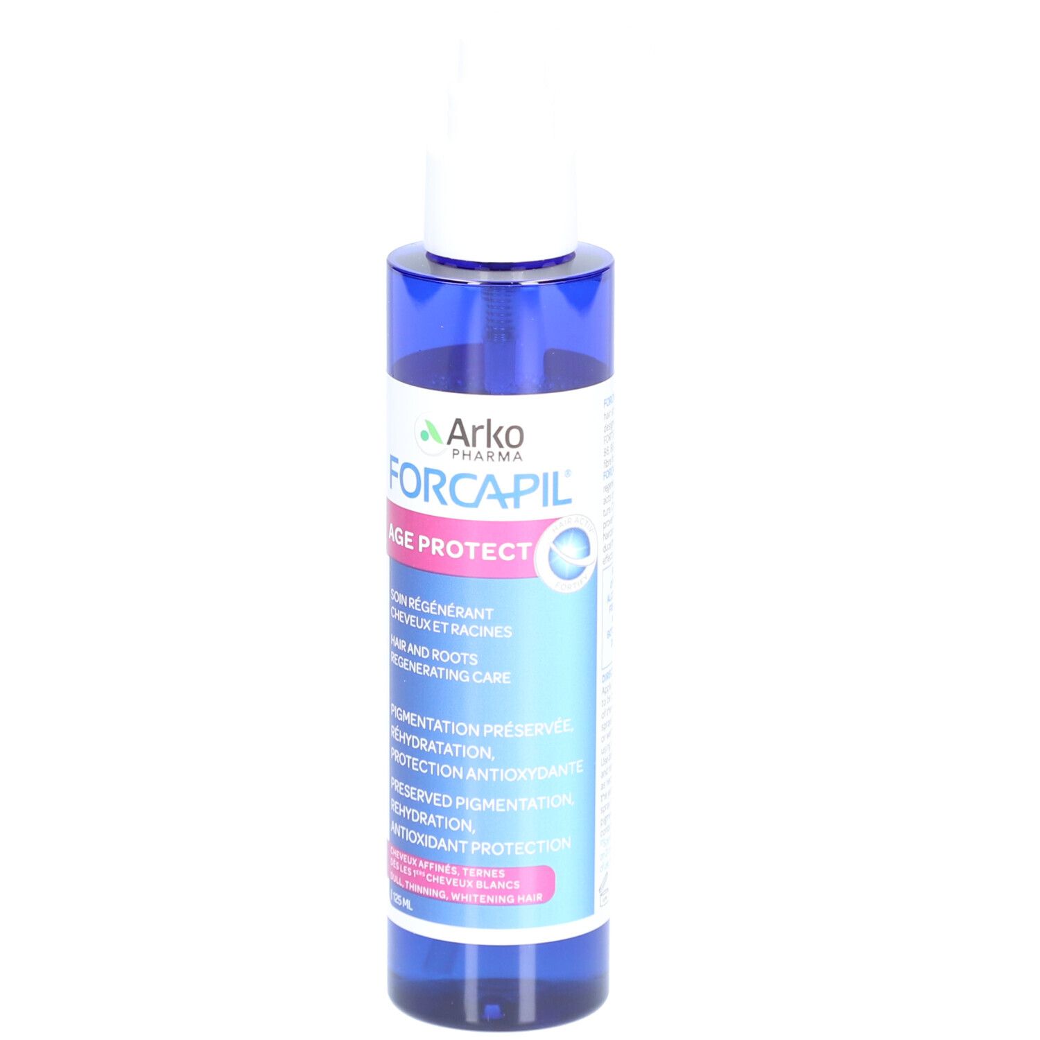 Flacon bleu avec vaporisateur blanc. Inscription: Arkopharma Forcapil Age Protect. Texte: soin régénérant cheveux et racines.