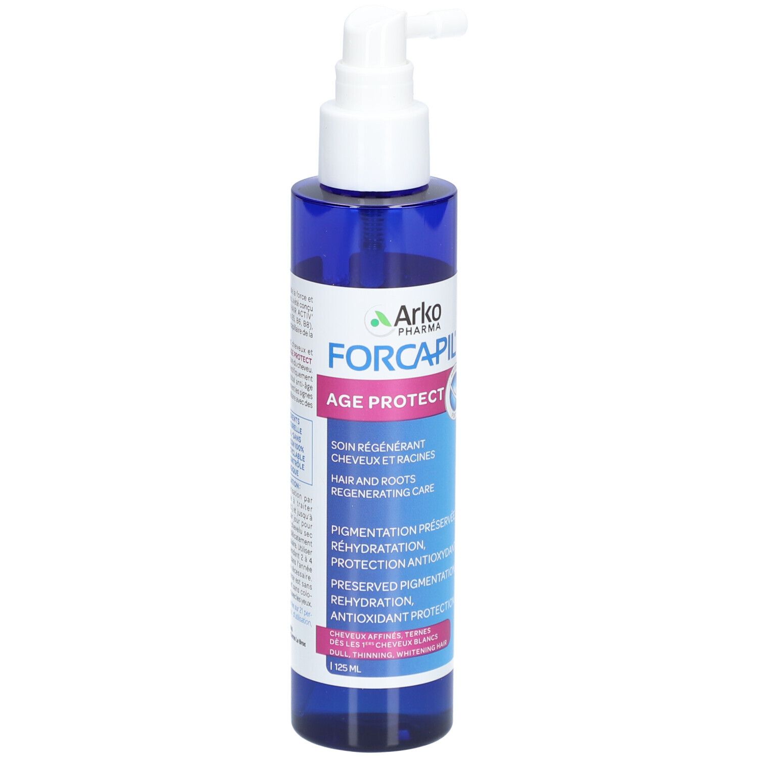 Flacon bleu avec vaporisateur blanc. Inscription: Arkopharma Forcapil Age Protect. Texte: soin régénérant cheveux et racines.