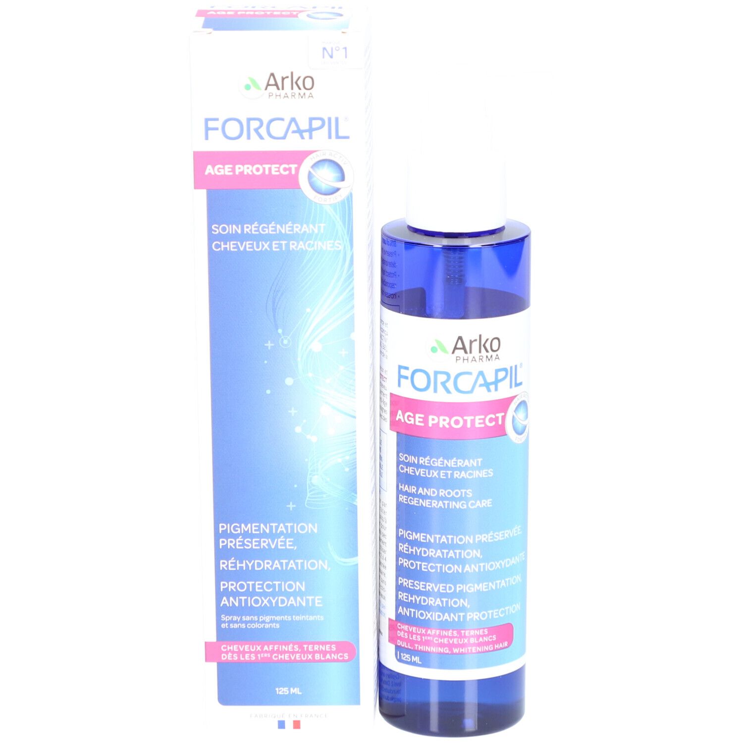 Produit et emballage. Flacon bleu avec vaporisateur blanc et carton. Inscription: Arkopharma Forcapil Age Protect.