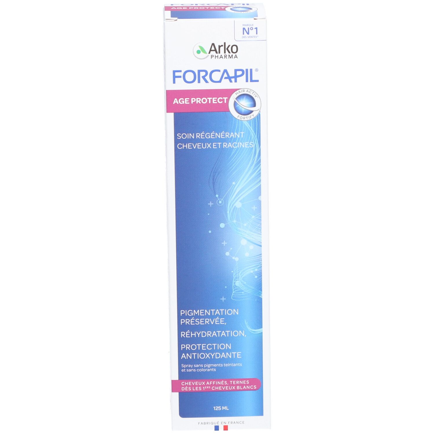 Produit et emballage. Flacon bleu avec vaporisateur blanc et carton. Inscription: Arkopharma Forcapil Age Protect.