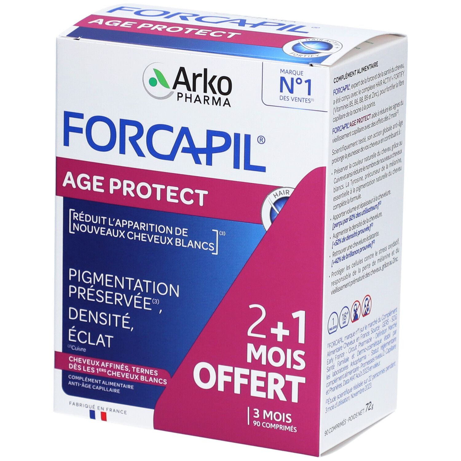 Boîte de Forcapil Age Protect. Carton blanc avec accents roses. Nom du produit et logo visibles. Contient 90 comprimés.