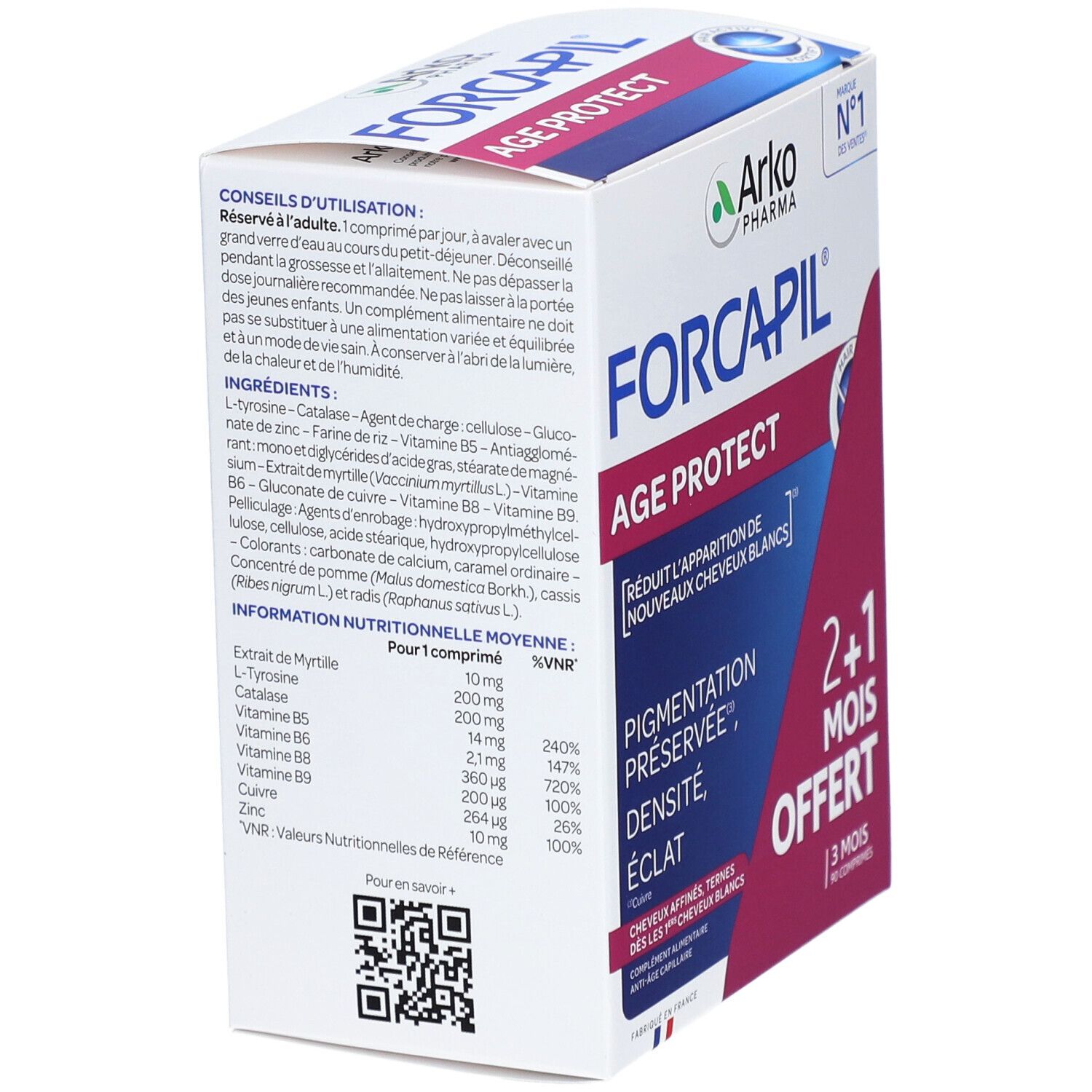 Dos de la boîte Forcapil Age Protect. Contient des informations sur les ingrédients et les valeurs nutritionnelles. Code QR et texte en français.