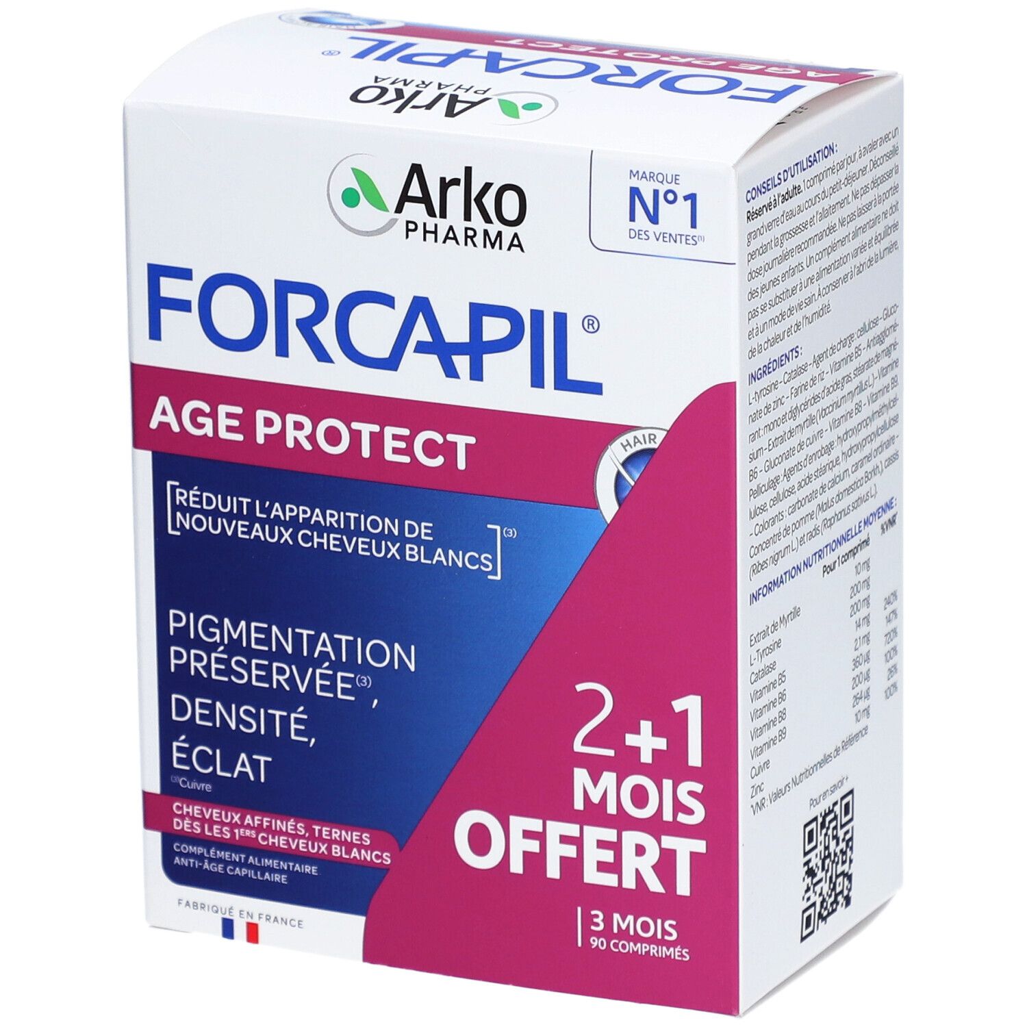 Boîte de Forcapil Age Protect. Carton blanc avec accents roses. Nom du produit et logo visibles. Contient 90 comprimés.