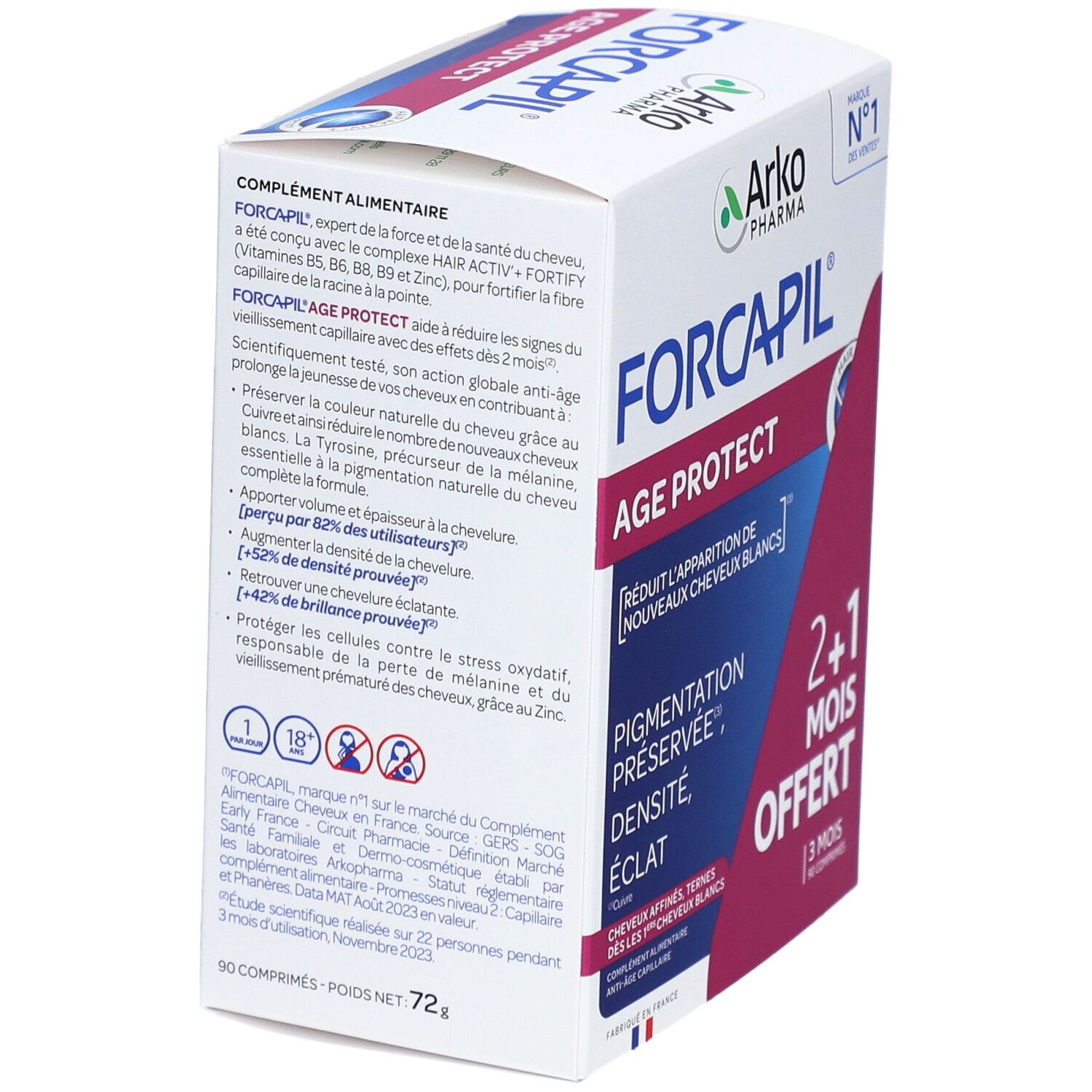 Boîte de Forcapil Age Protect. Carton blanc avec accents roses. Nom du produit et logo visibles. Contient 90 comprimés.