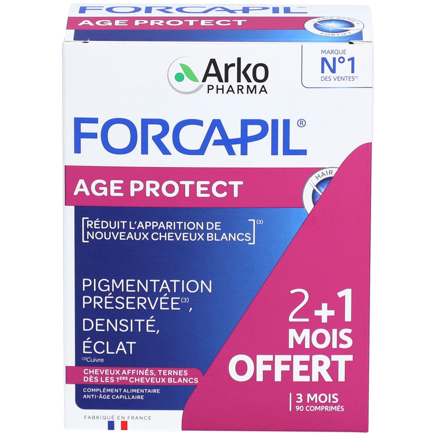 Boîte de Forcapil Age Protect. Carton blanc avec accents roses. Nom du produit et logo visibles. Contient 90 comprimés.