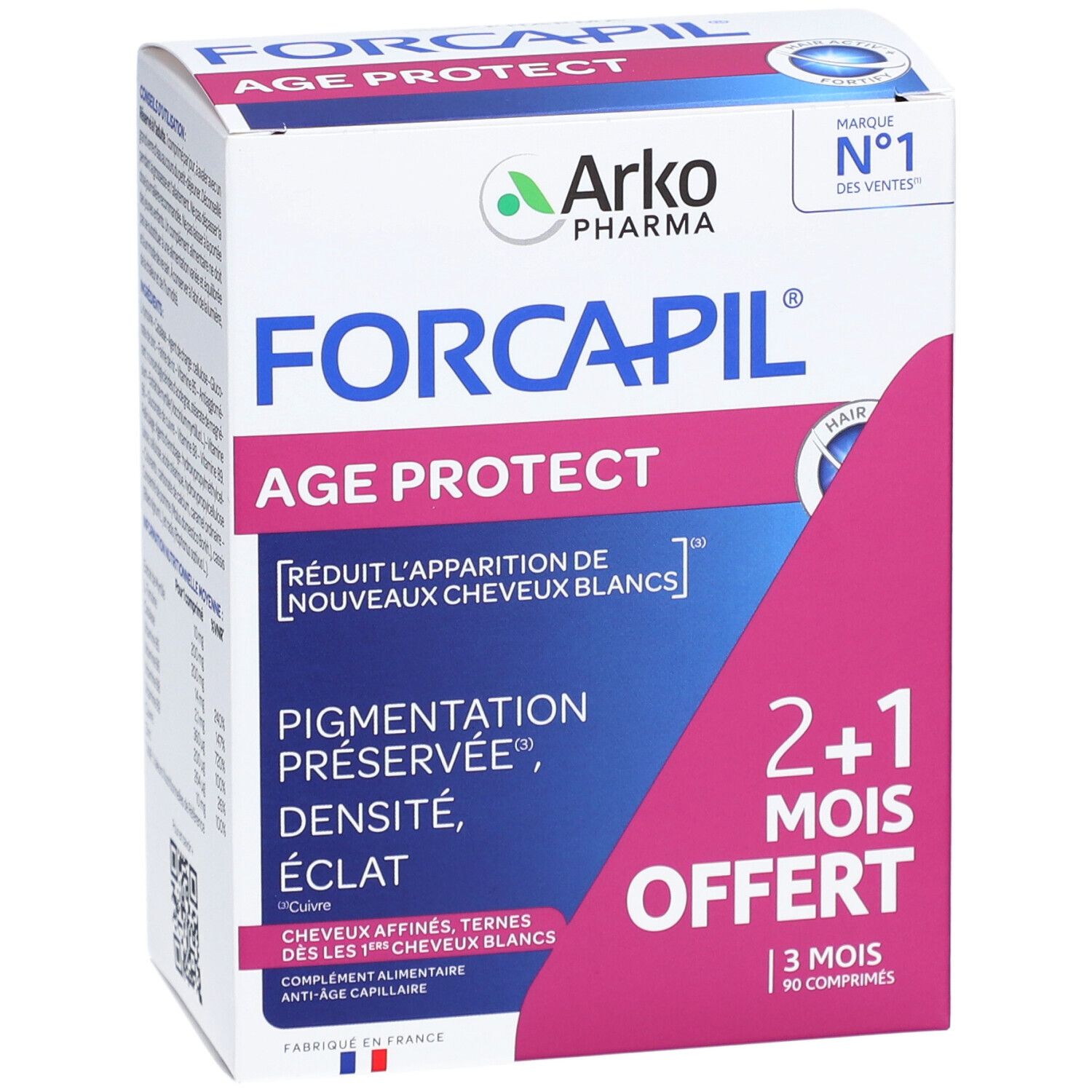 Boîte de Forcapil Age Protect. Carton blanc avec accents roses. Nom du produit et logo visibles. Contient 90 comprimés.
