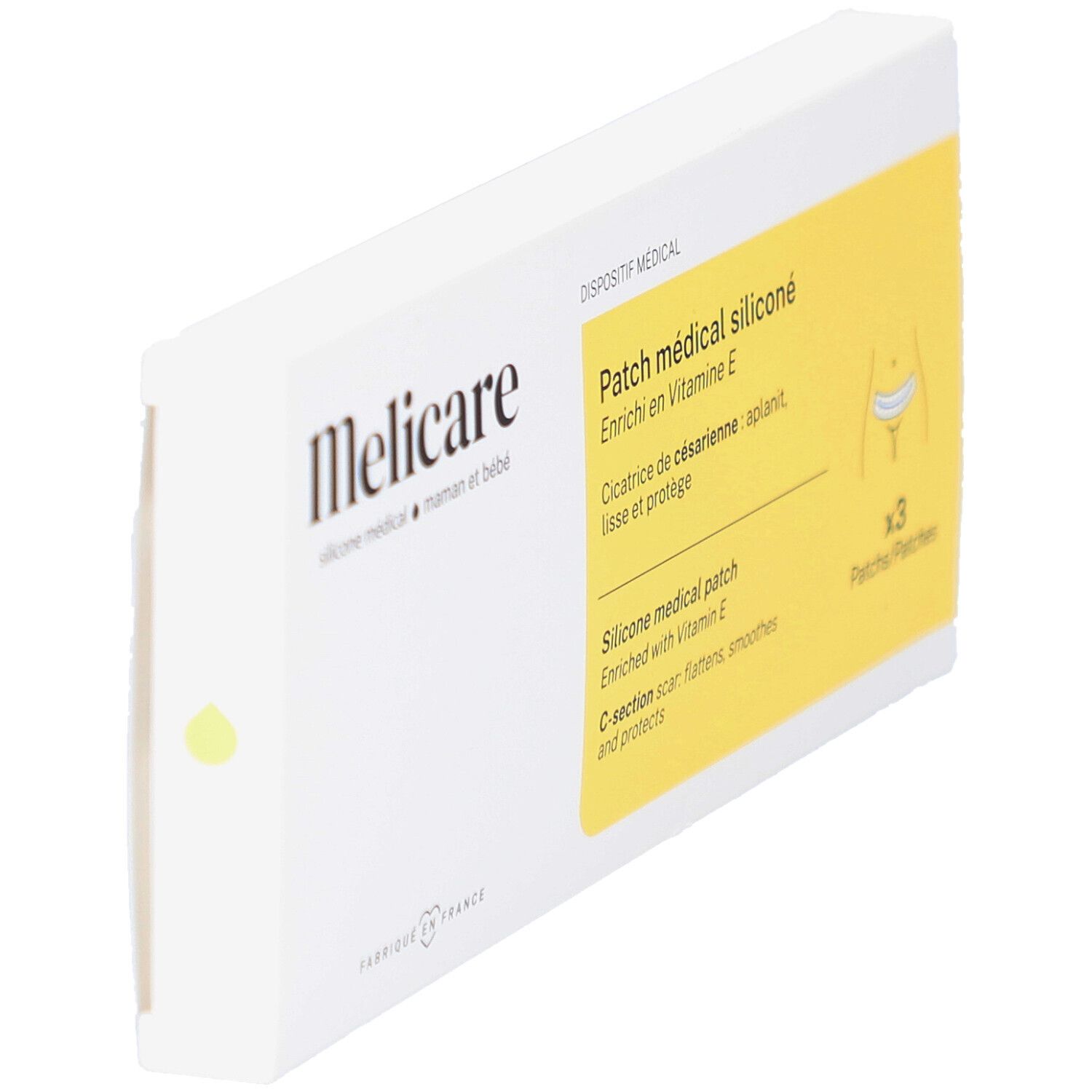 Boîte blanche en biais. Texte: Melicare, Patch médical siliconé. Contient 3 patchs. Zone jaune avec texte.