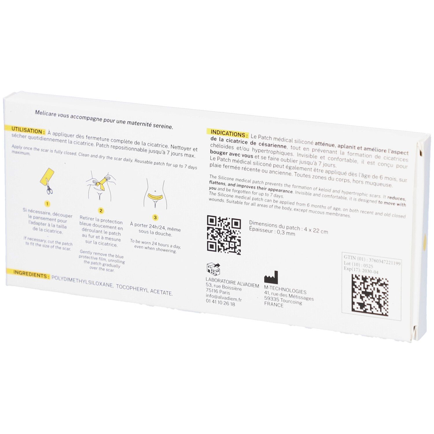 Dos de la boîte. Texte et illustrations. Informations sur l'utilisation et les ingrédients. Dimensions: 4x22cm.