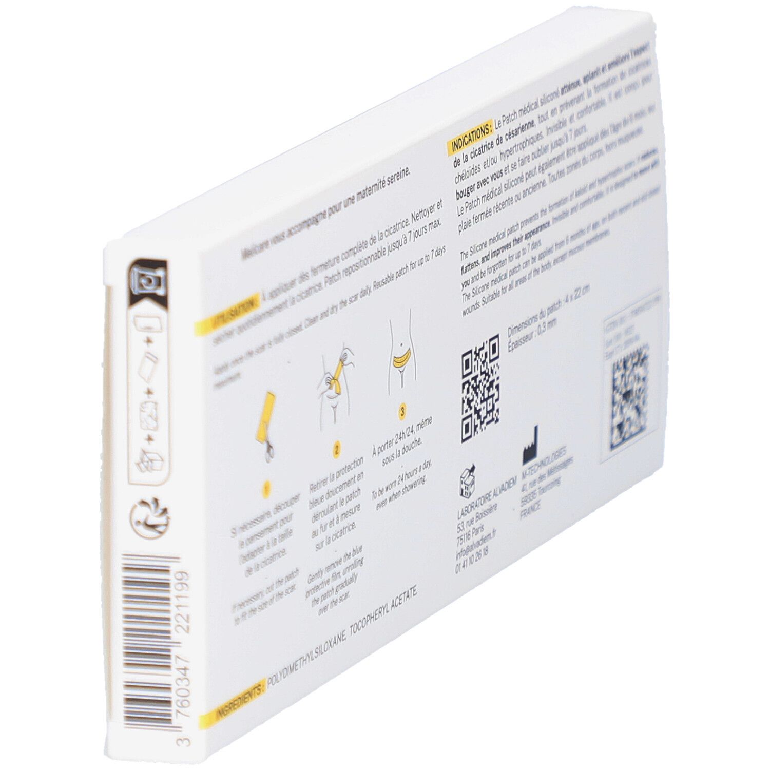 Boîte en biais. Dos avec texte et illustrations. Informations sur l'utilisation et les ingrédients.