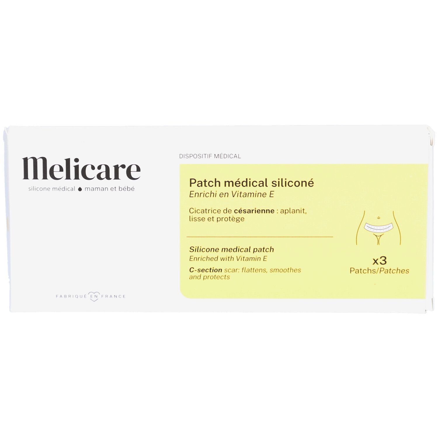 Boîte blanche. Texte: Melicare, Patch médical siliconé. Contient 3 patchs. Dispositif médical. Enrichi en vitamine E.