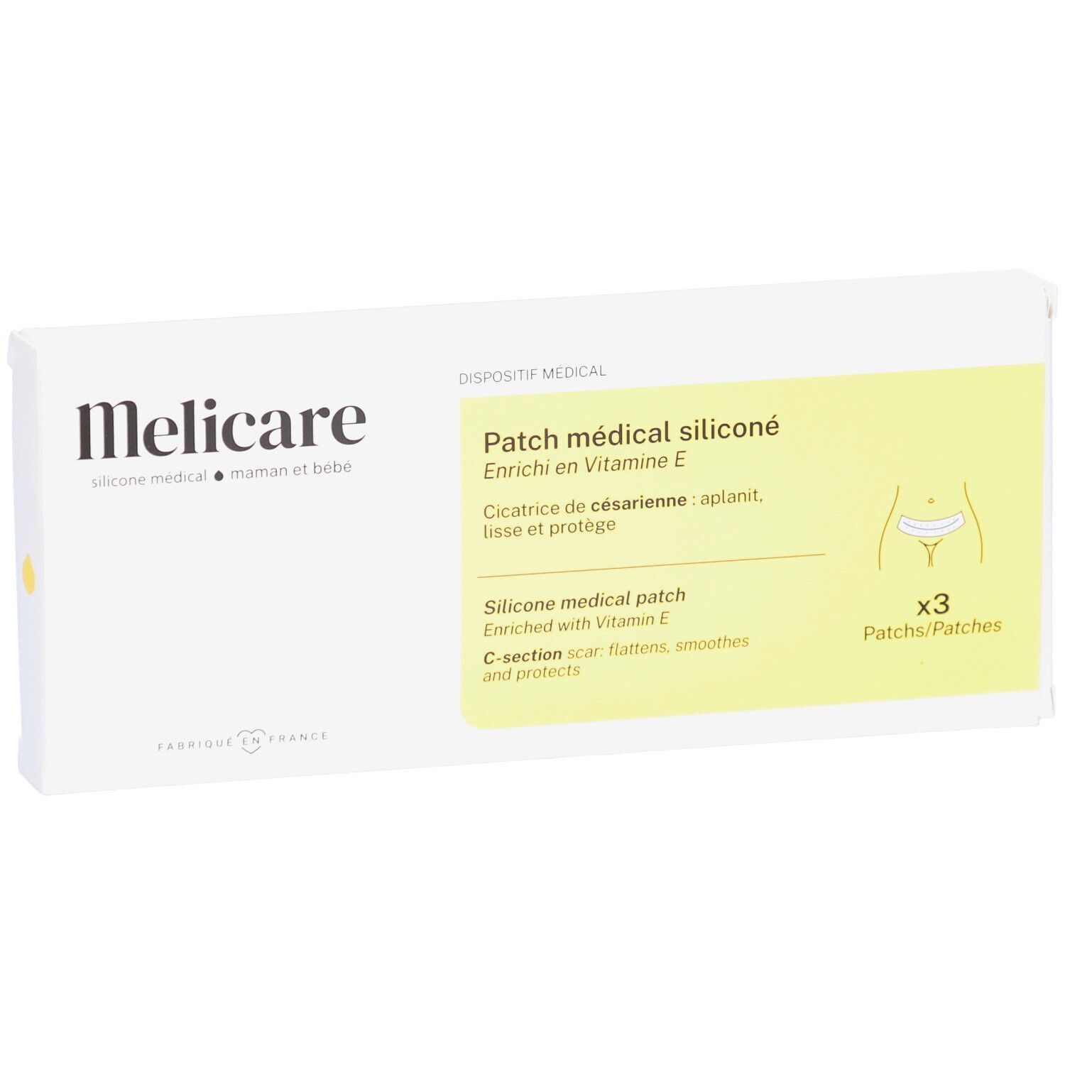 Boîte blanche. Texte: Melicare, Patch médical siliconé. Contient 3 patchs. Dispositif médical. Enrichi en vitamine E.