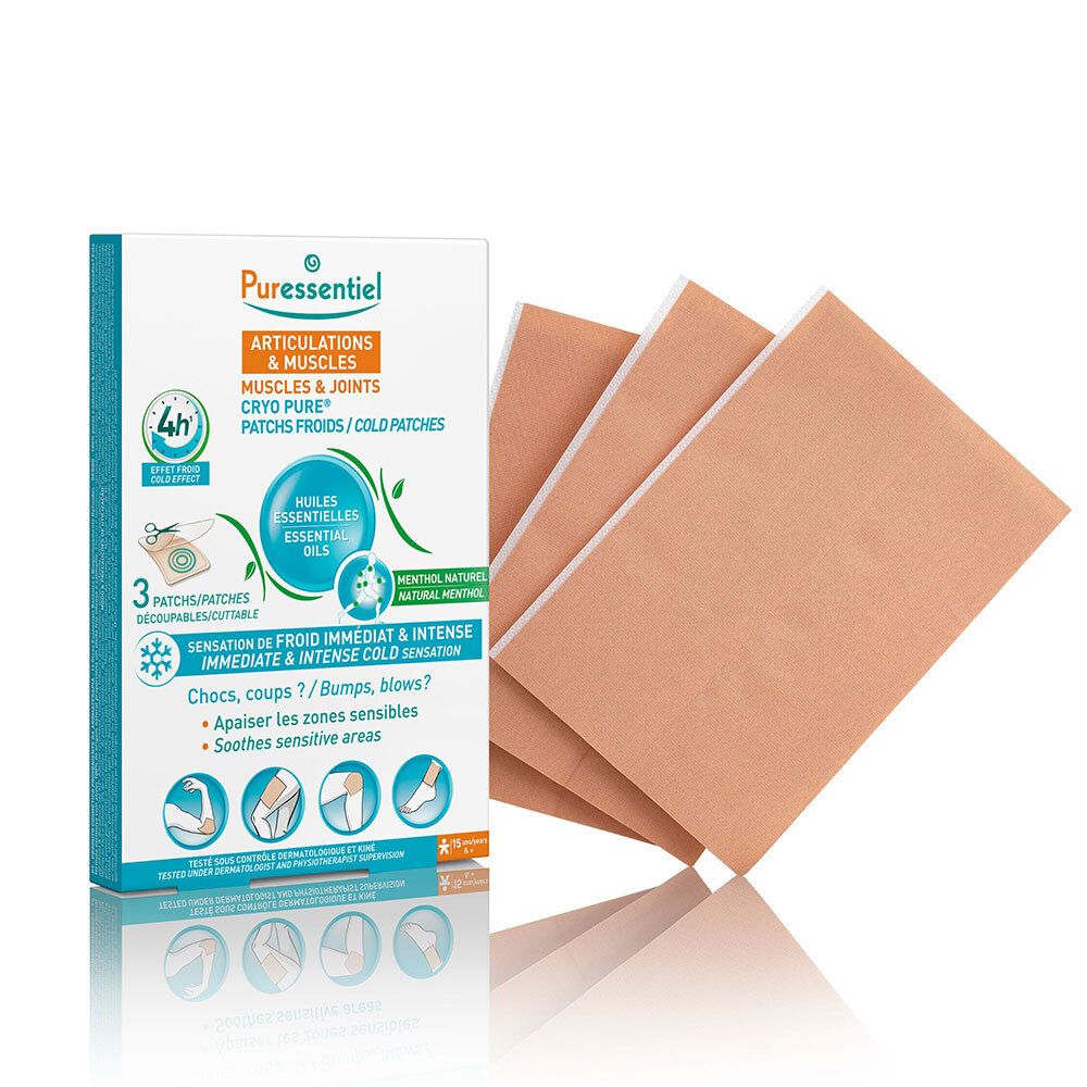 Boîte de patchs. Contient 3 patchs. Marque : Puressentiel. Texte : Articulations & Muscles, Cryo Pure.
