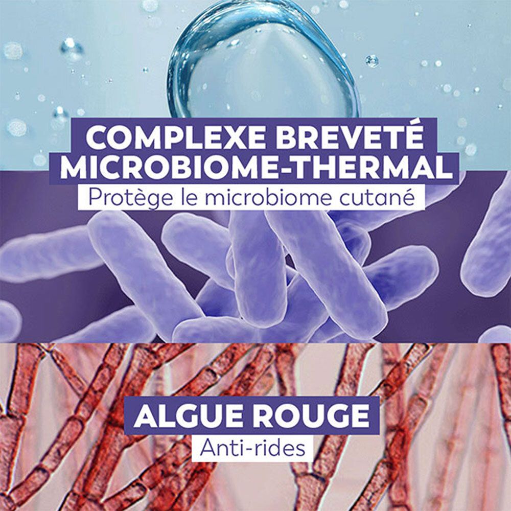 Gros plan sur des micro-organismes et des algues. Texte: Complexe breveté Microbiome-Thermal. Protège le microbiome cutané. Algue rouge Anti-rides.