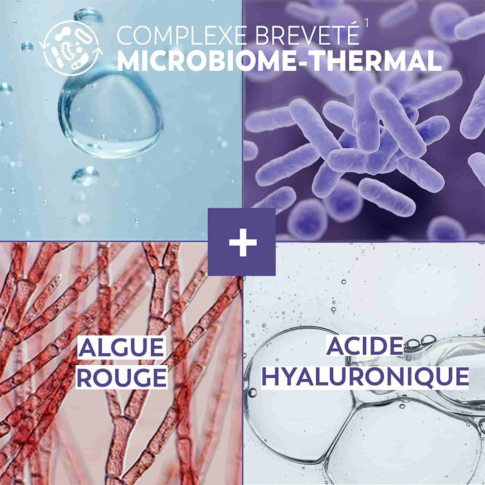 Gros plan sur les ingrédients : bulle d'eau, bactéries, algues rouges et acide hyaluronique. Texte : Microbiome-Thermal, Algue Rouge, Acide Hyaluronique.