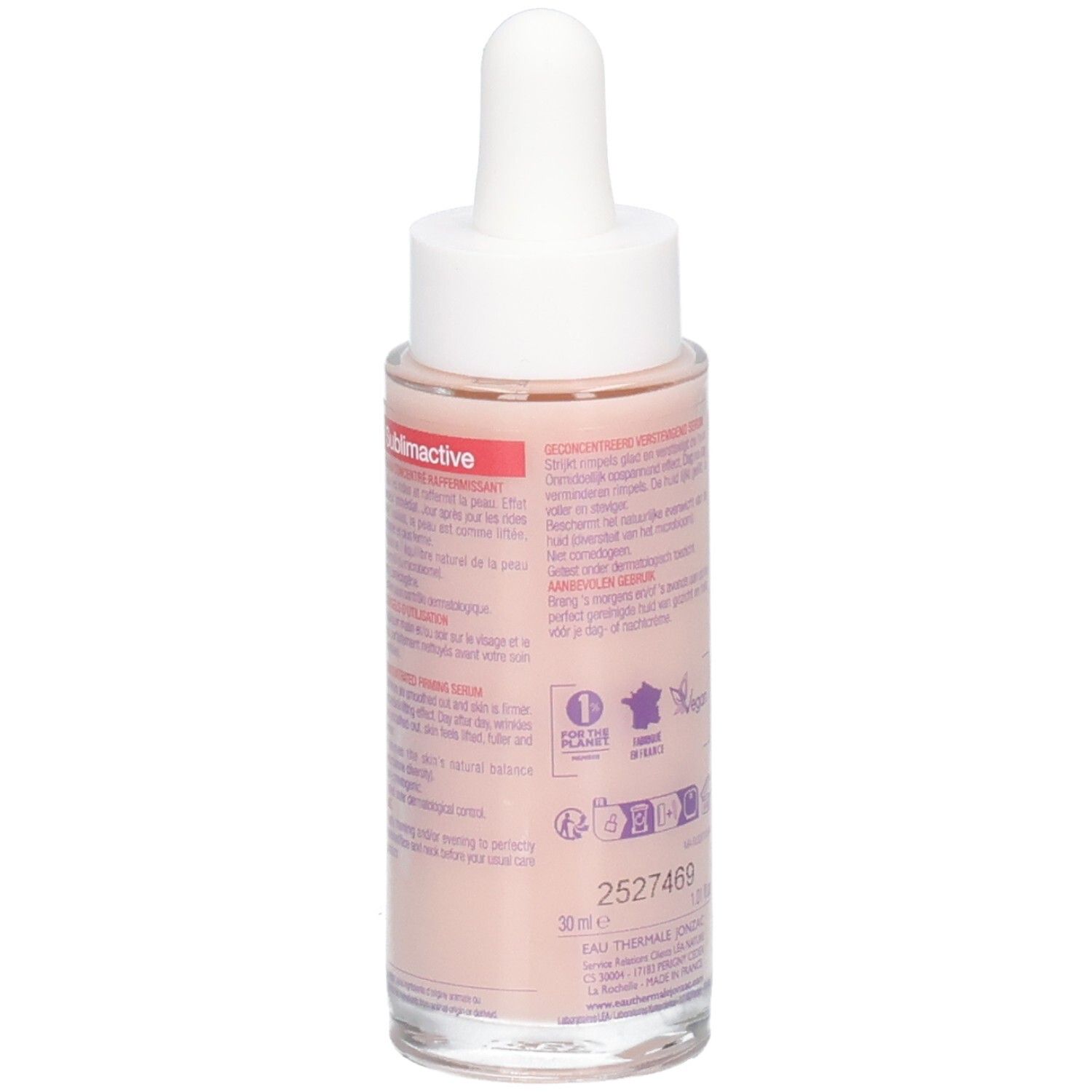 Flacon de sérum avec pipette. Liquide rose. Texte: JONZAC, Sublimactive, 30 ml, 1.01 fl.oz.