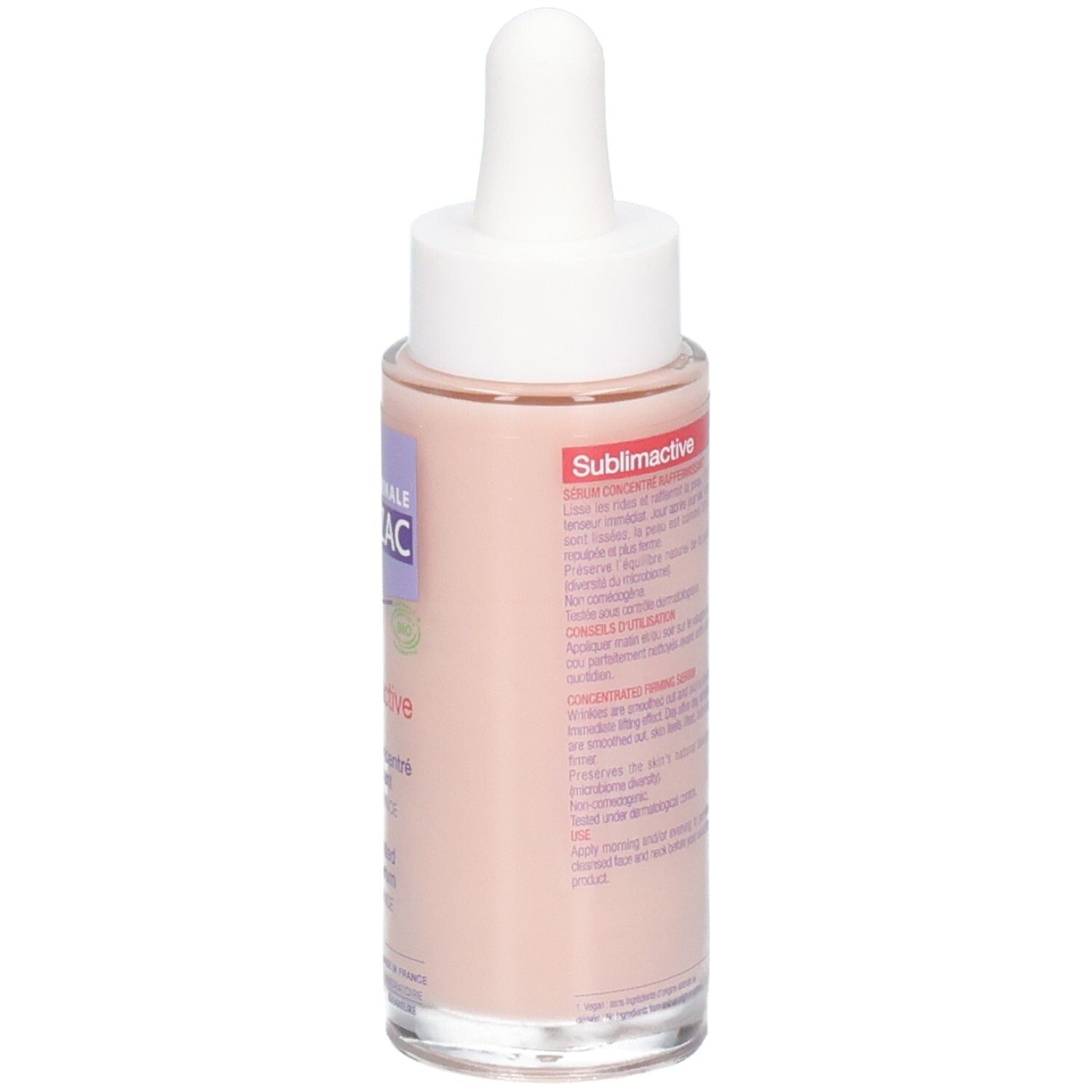 Flacon de sérum avec pipette. Liquide rose. Texte: JONZAC, Sublimactive, Sérum concentré.
