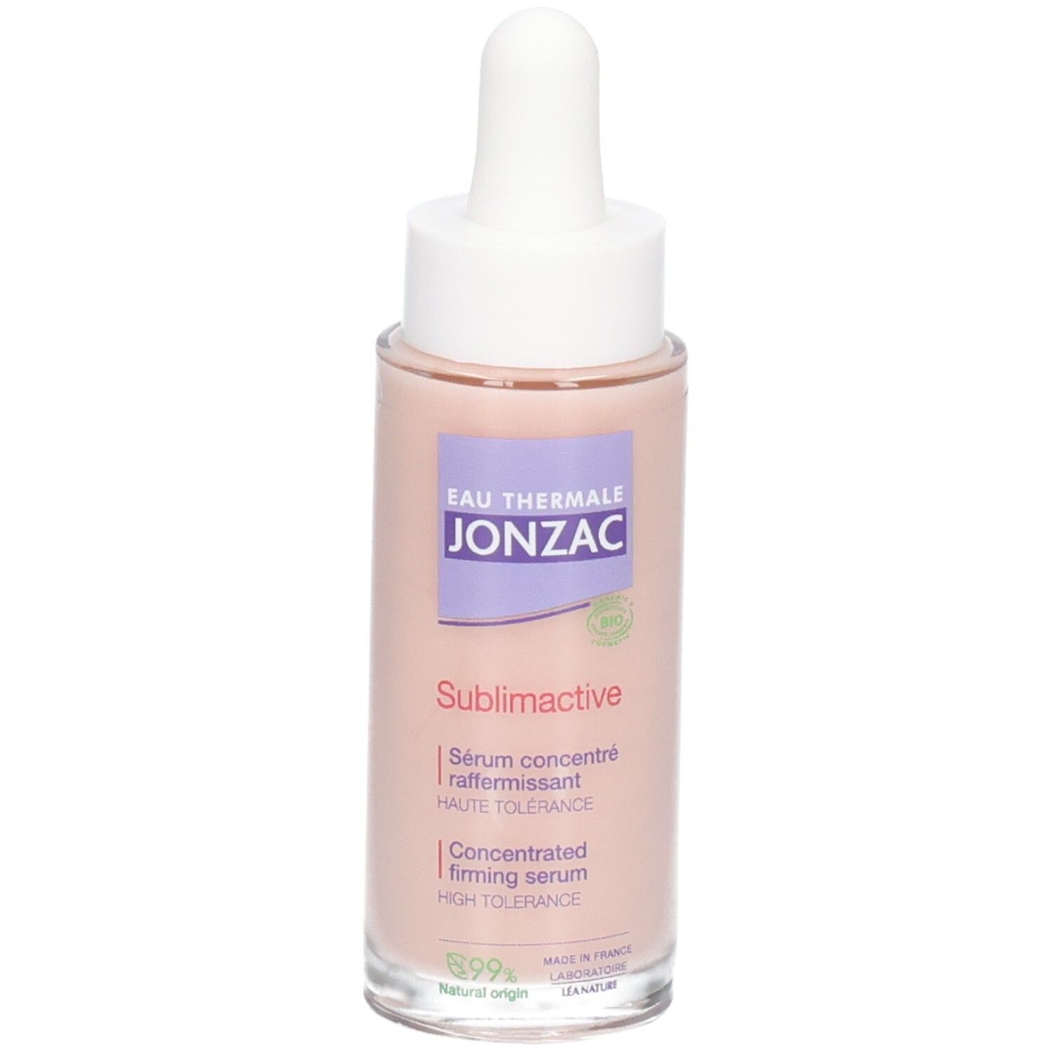 Flacon de sérum avec pipette. Liquide rose. Texte: JONZAC, Sublimactive, Sérum concentré, 99% origine naturelle.