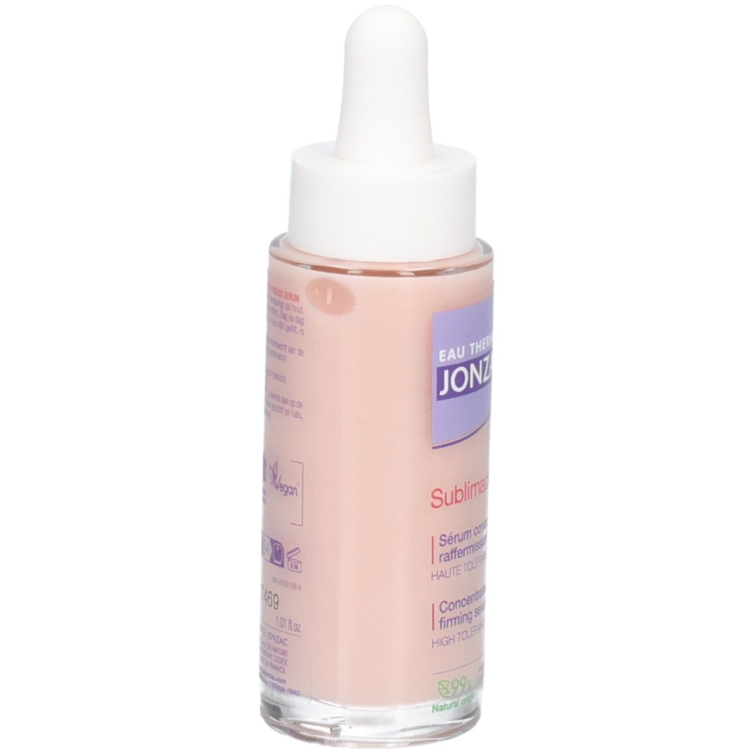Flacon de sérum avec pipette. Liquide rose. Texte: JONZAC, Sublimactive, Sérum concentré, 99% origine naturelle.