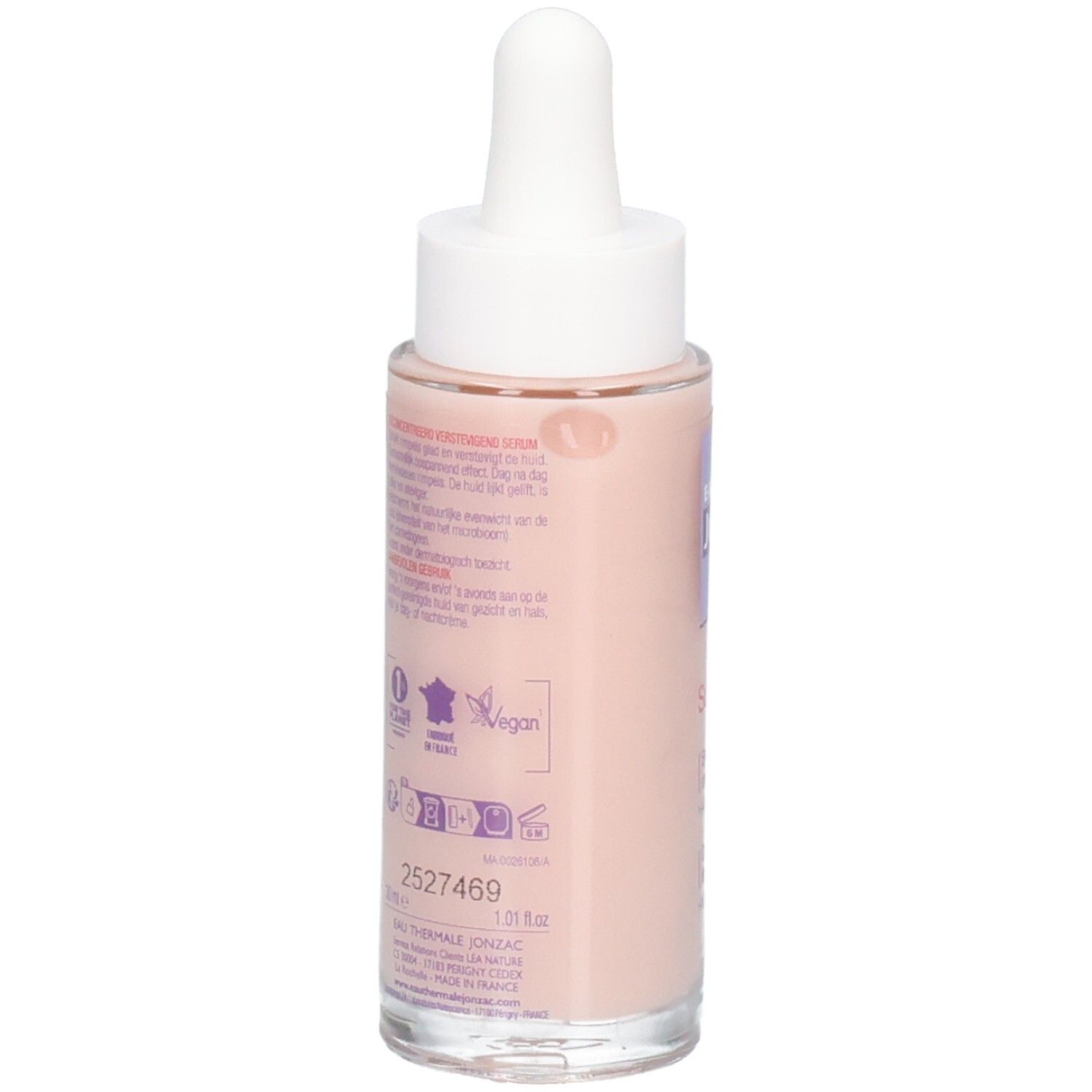 Flacon de sérum avec pipette. Liquide rose. Texte: JONZAC, Sublimactive, Sérum concentré, Label Vegan.