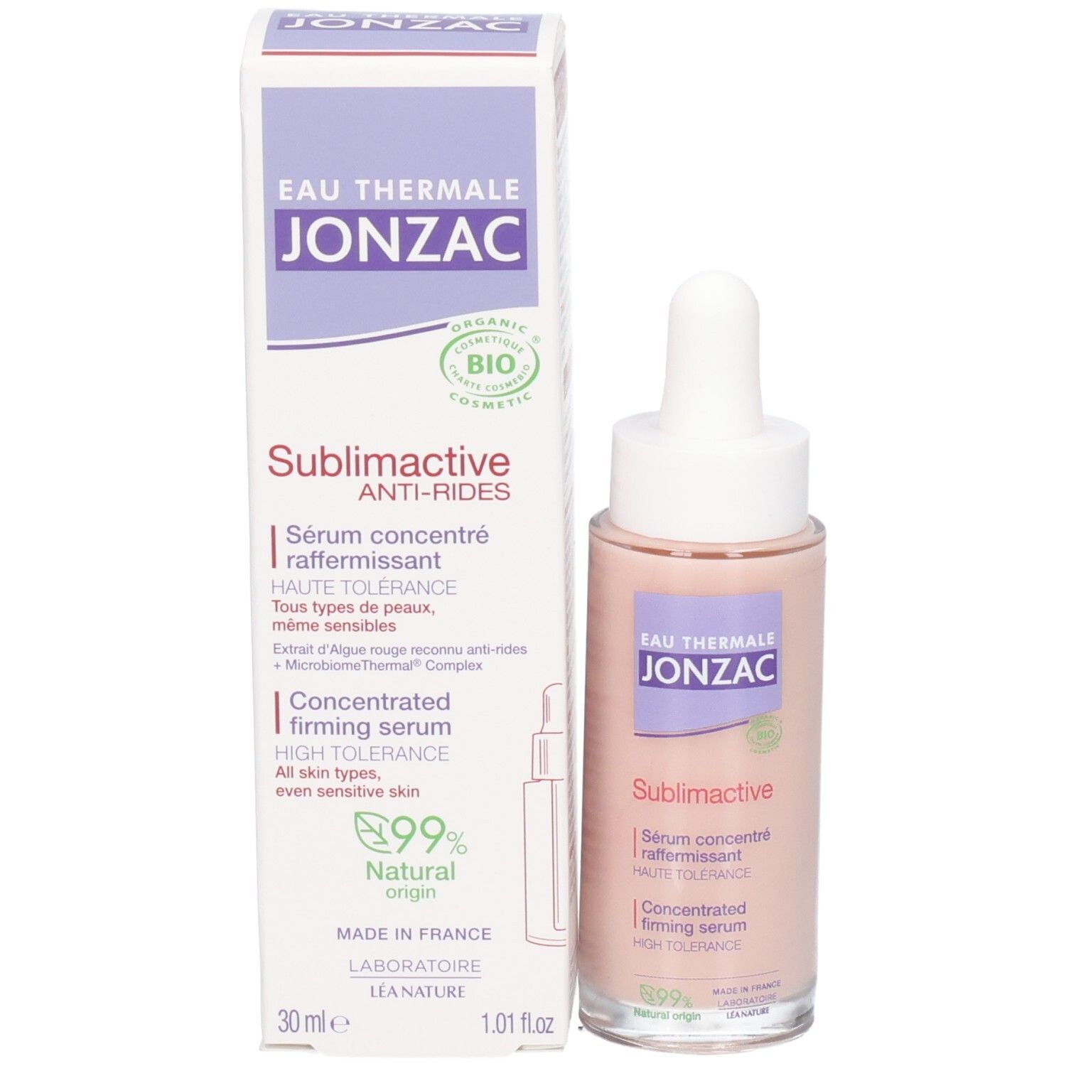 Flacon de sérum et boîte. Flacon avec pipette. Liquide rose. Texte: JONZAC, Sublimactive, Anti-rides, 30 ml.