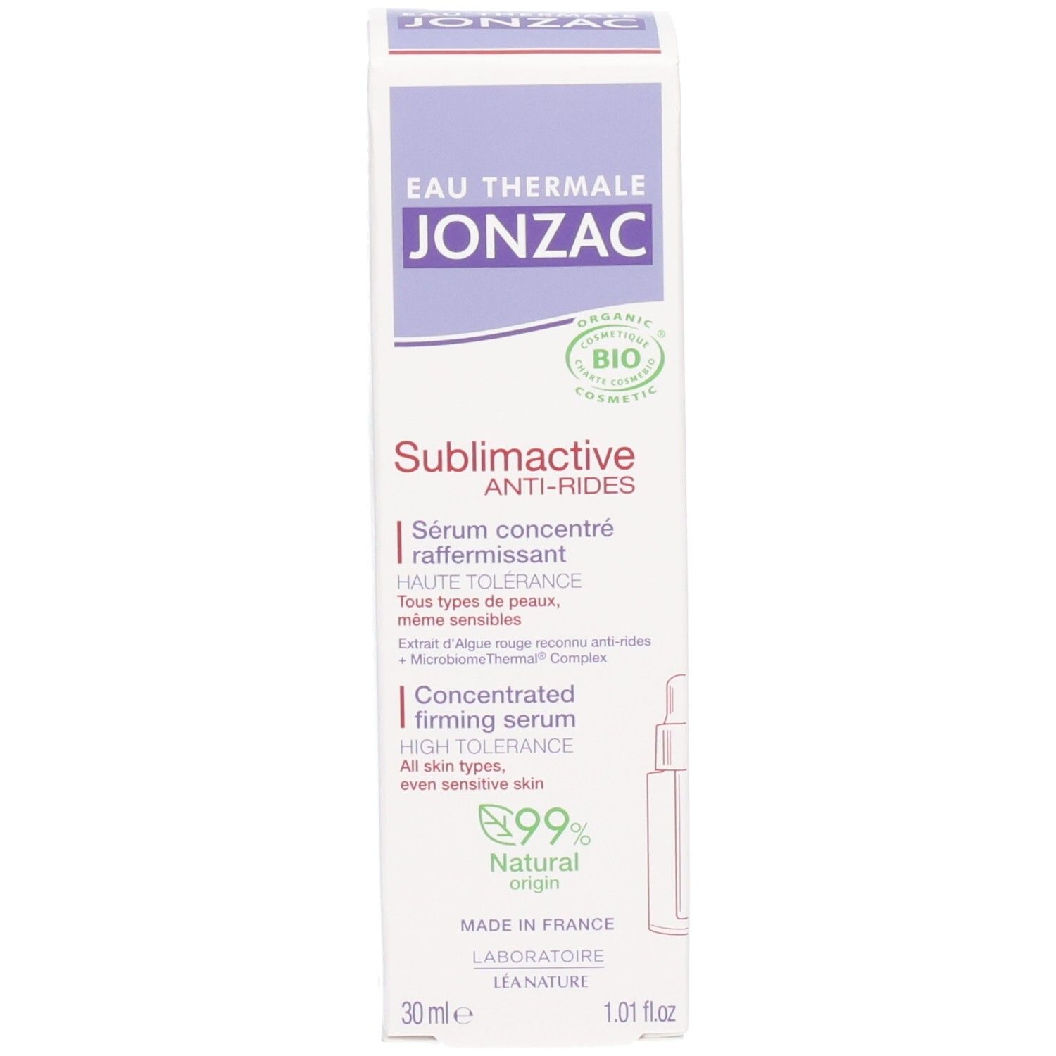 Emballage du produit. Texte: JONZAC, Sublimactive, Anti-rides, Sérum concentré, 30 ml, 1.01 fl.oz.