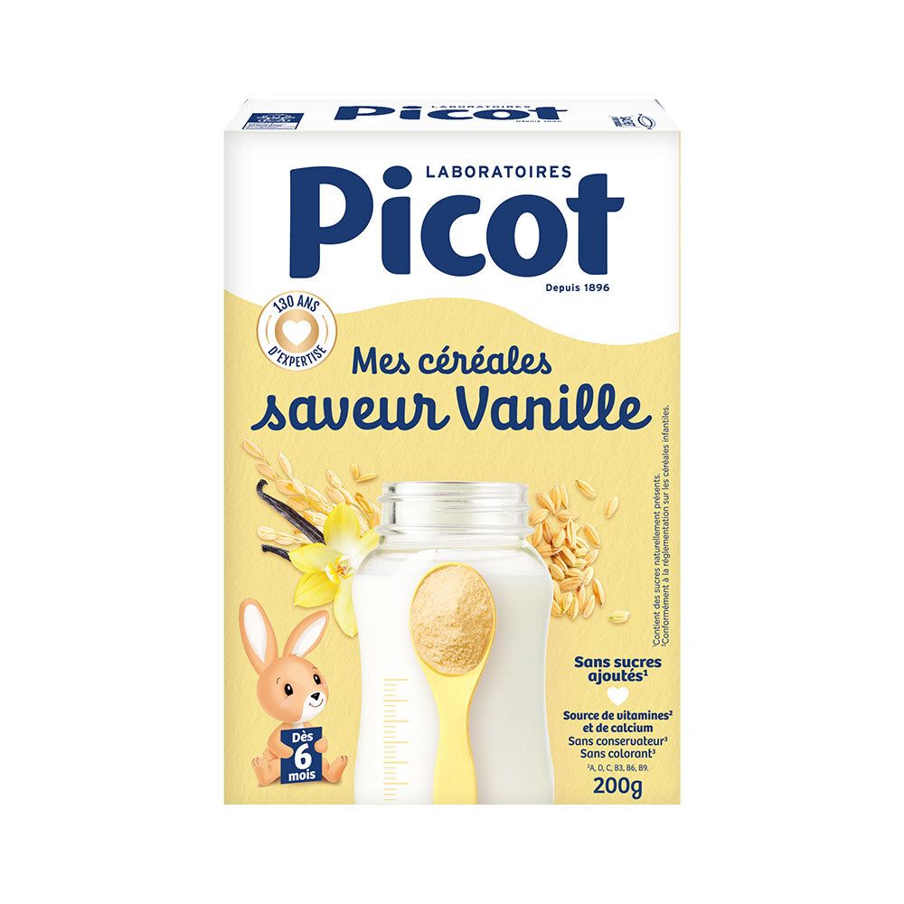Boîte de céréales Picot saveur Vanille. Source de vitamines et calcium. Sans sucres ajoutés. Dès 6 mois.