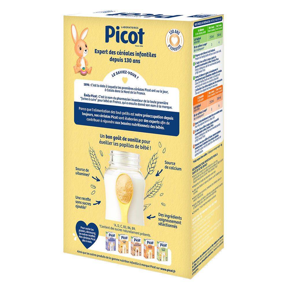 Dos de la boîte de céréales Picot. Ingrédients, valeurs nutritionnelles et préparation. Illustrations.